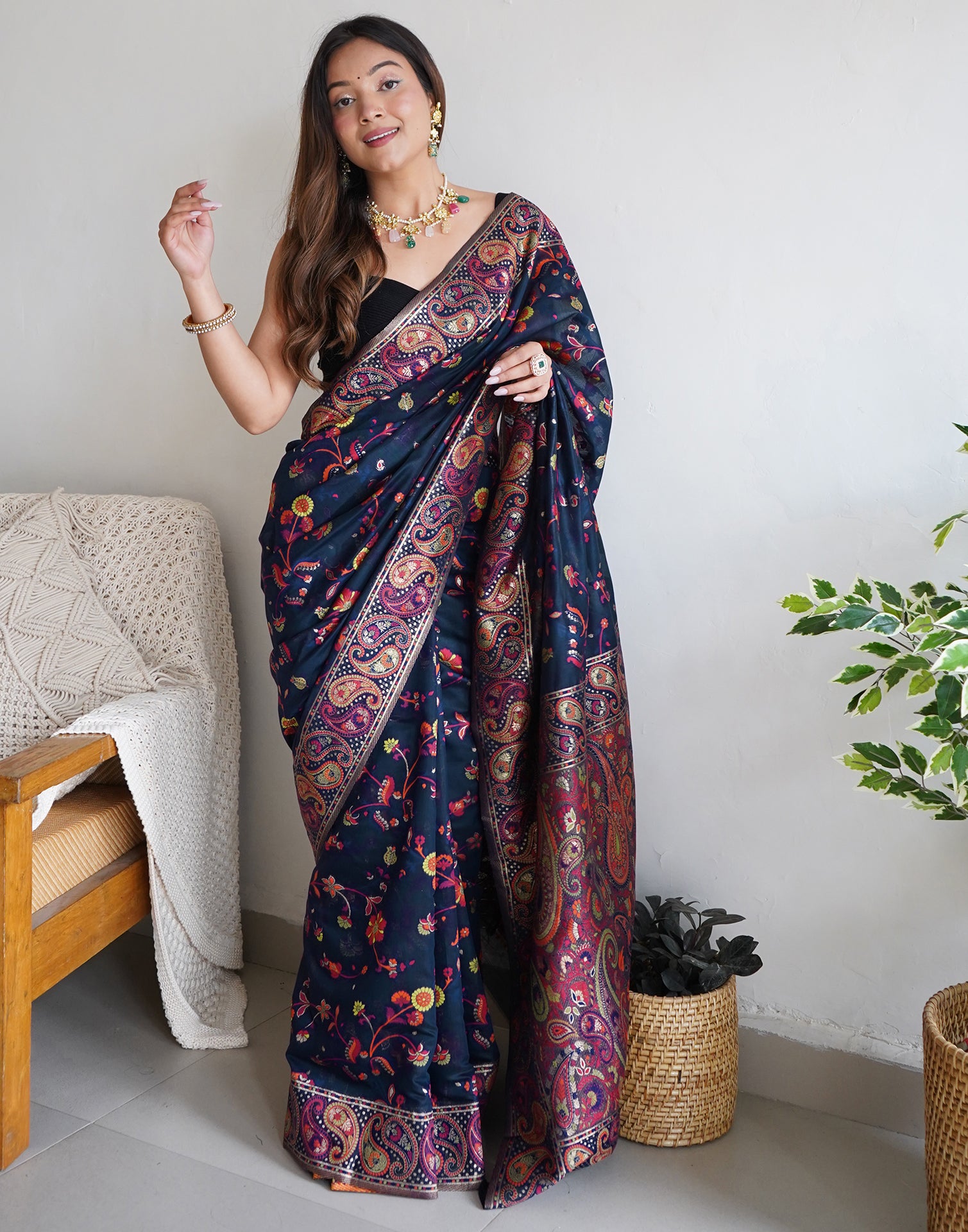 Navy Blue Cotton Printed Saree