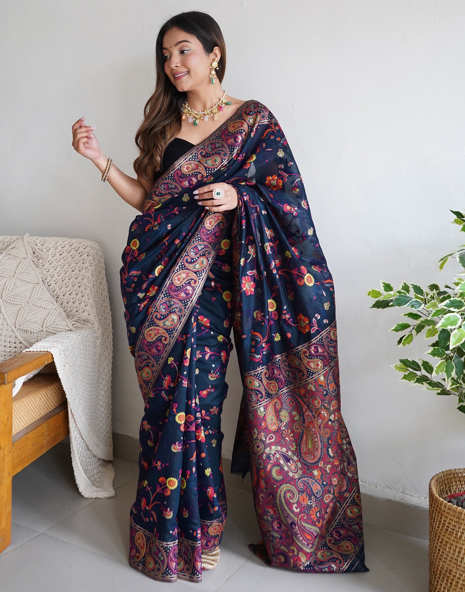 Navy Blue Cotton Printed Saree