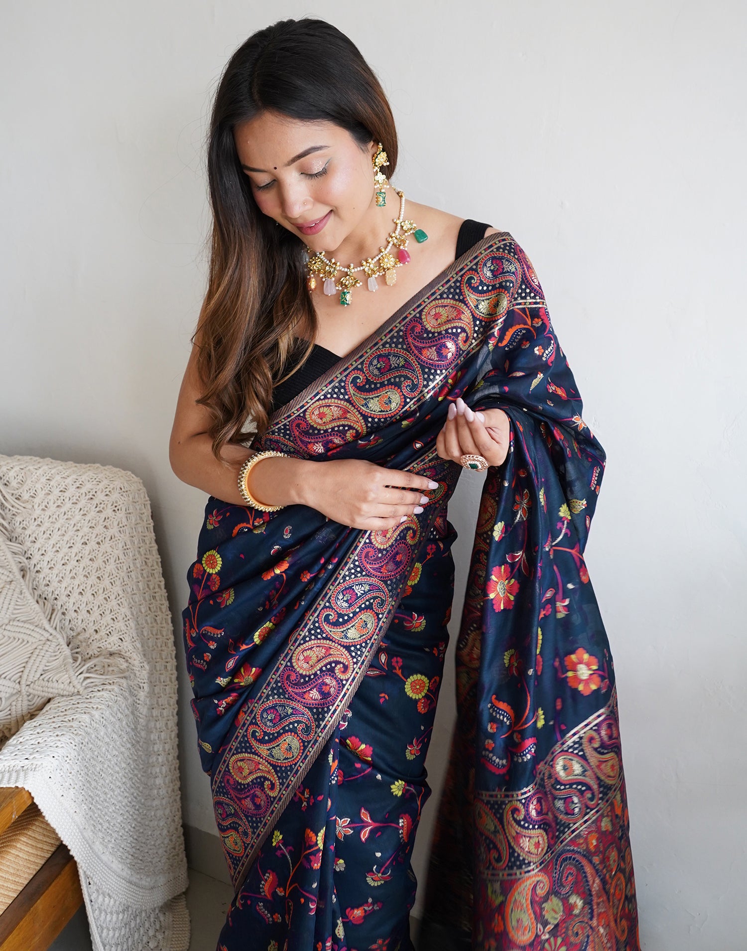 Navy Blue Cotton Printed Saree