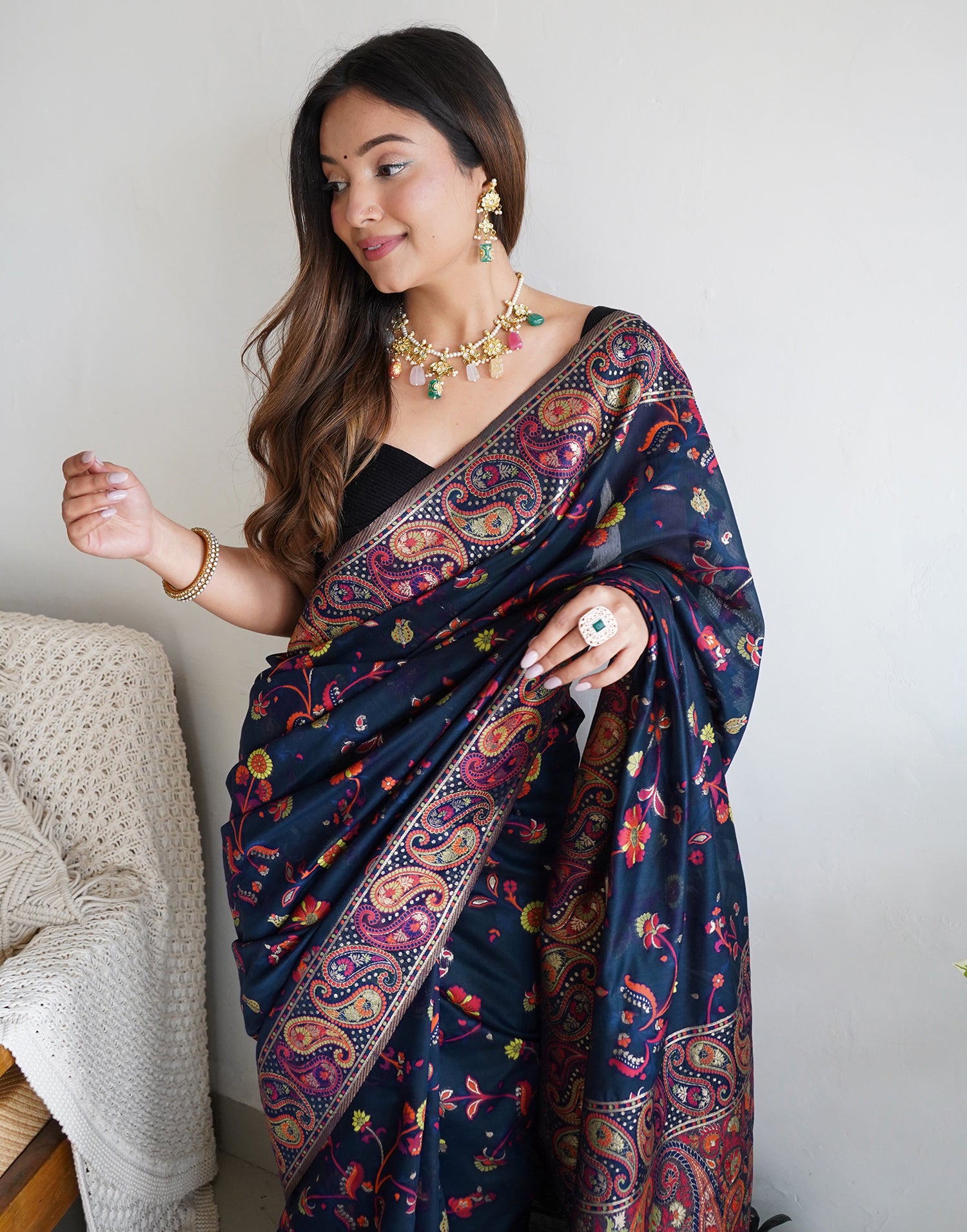 Navy Blue Cotton Printed Saree