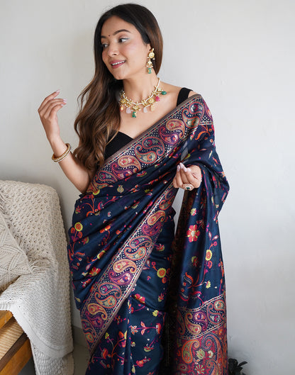 Navy Blue Cotton Printed Saree