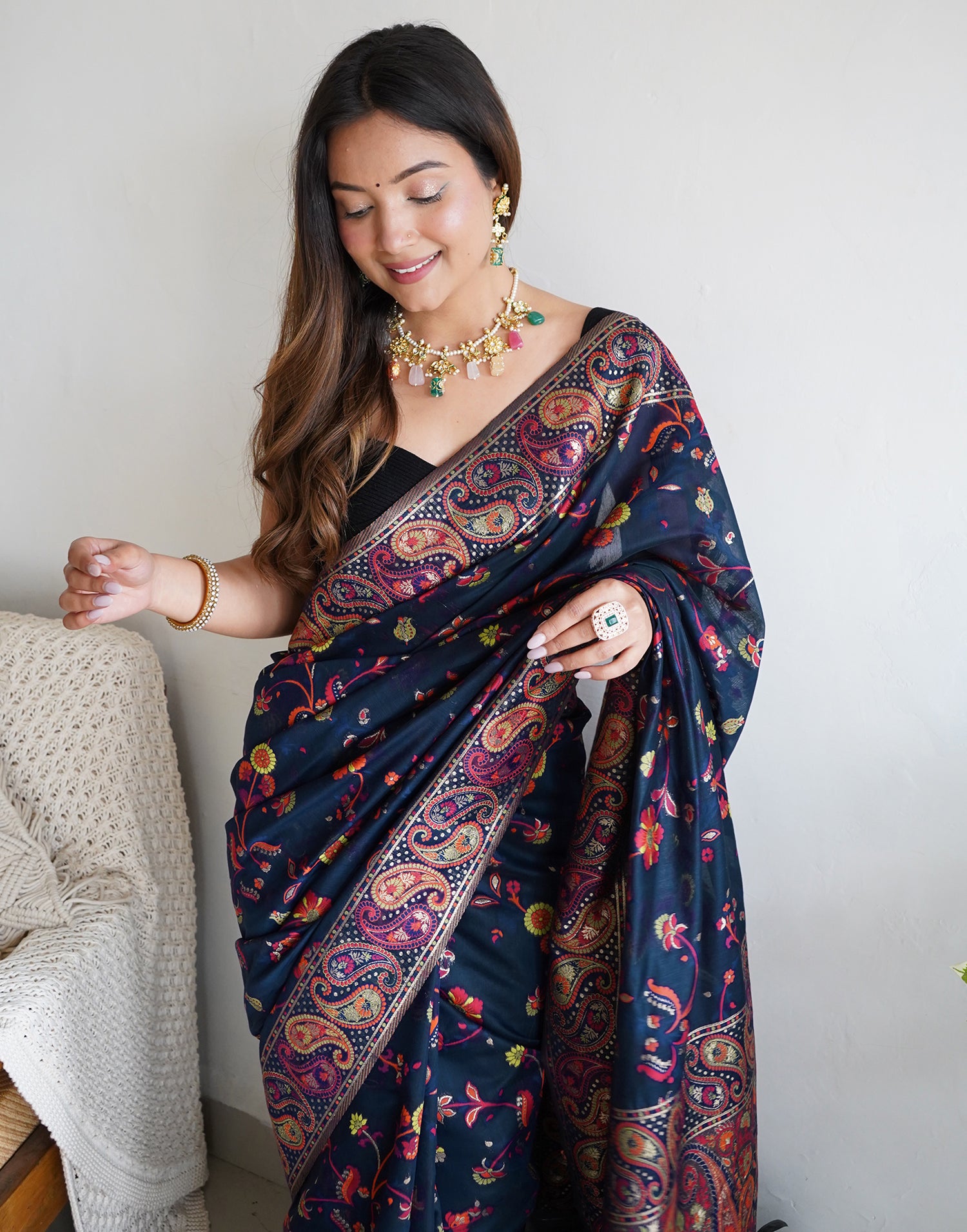 Navy Blue Cotton Printed Saree