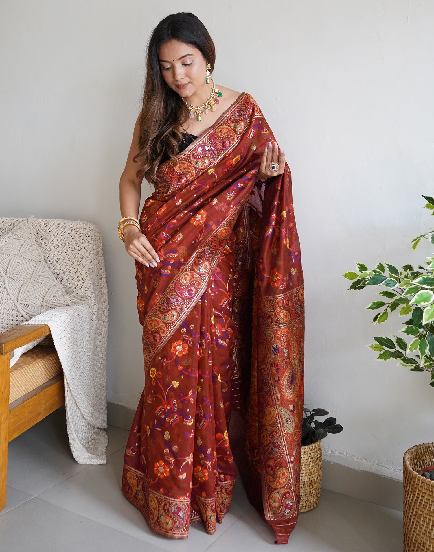 Maroon Cotton Printed Saree