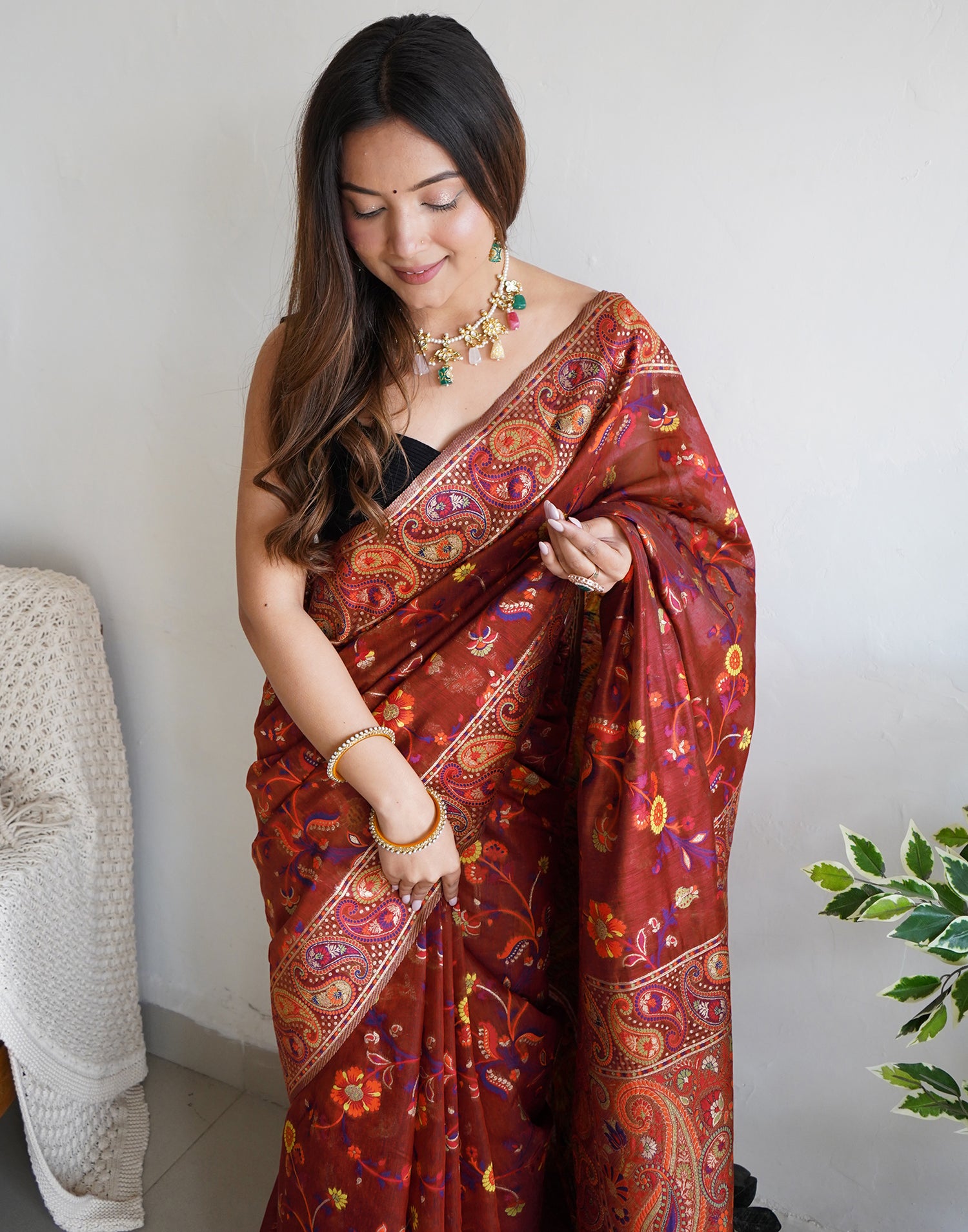 Maroon Cotton Printed Saree