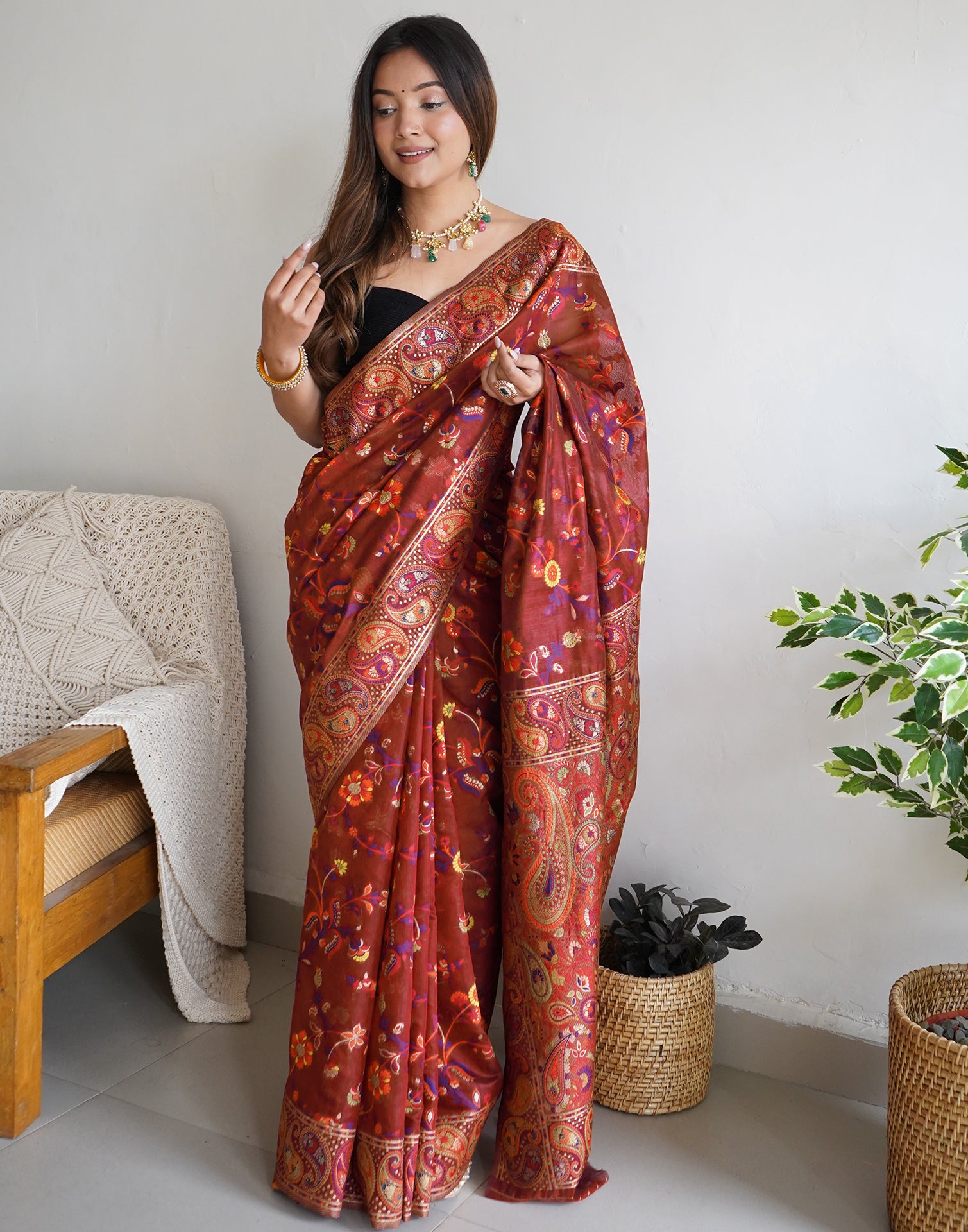 Maroon Cotton Printed Saree