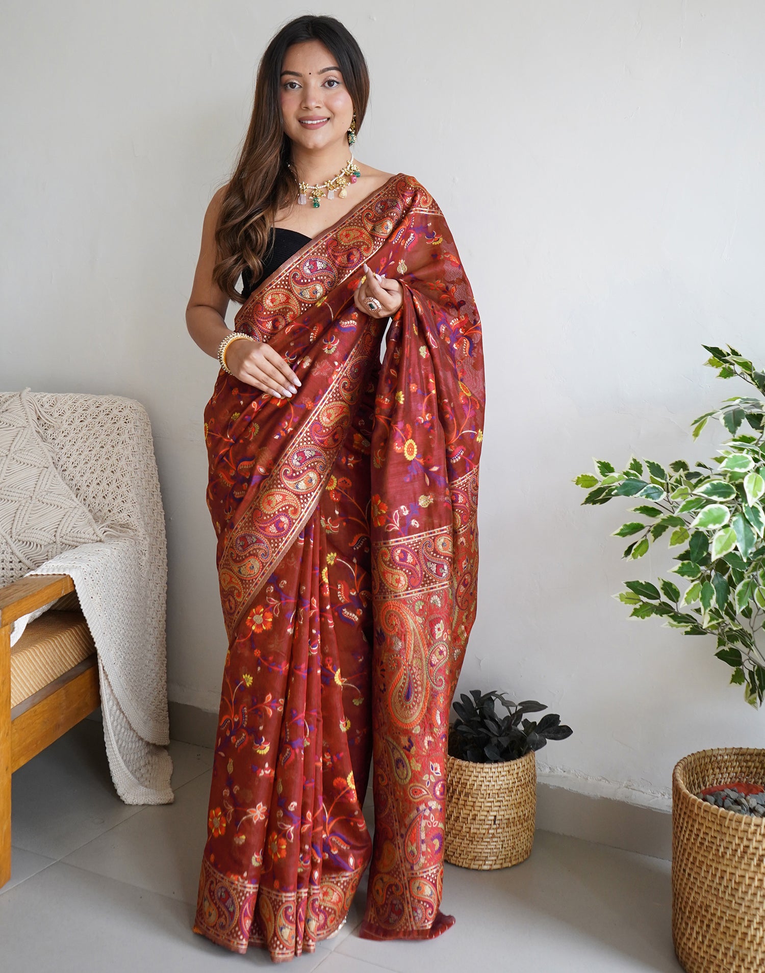 Maroon Cotton Printed Saree