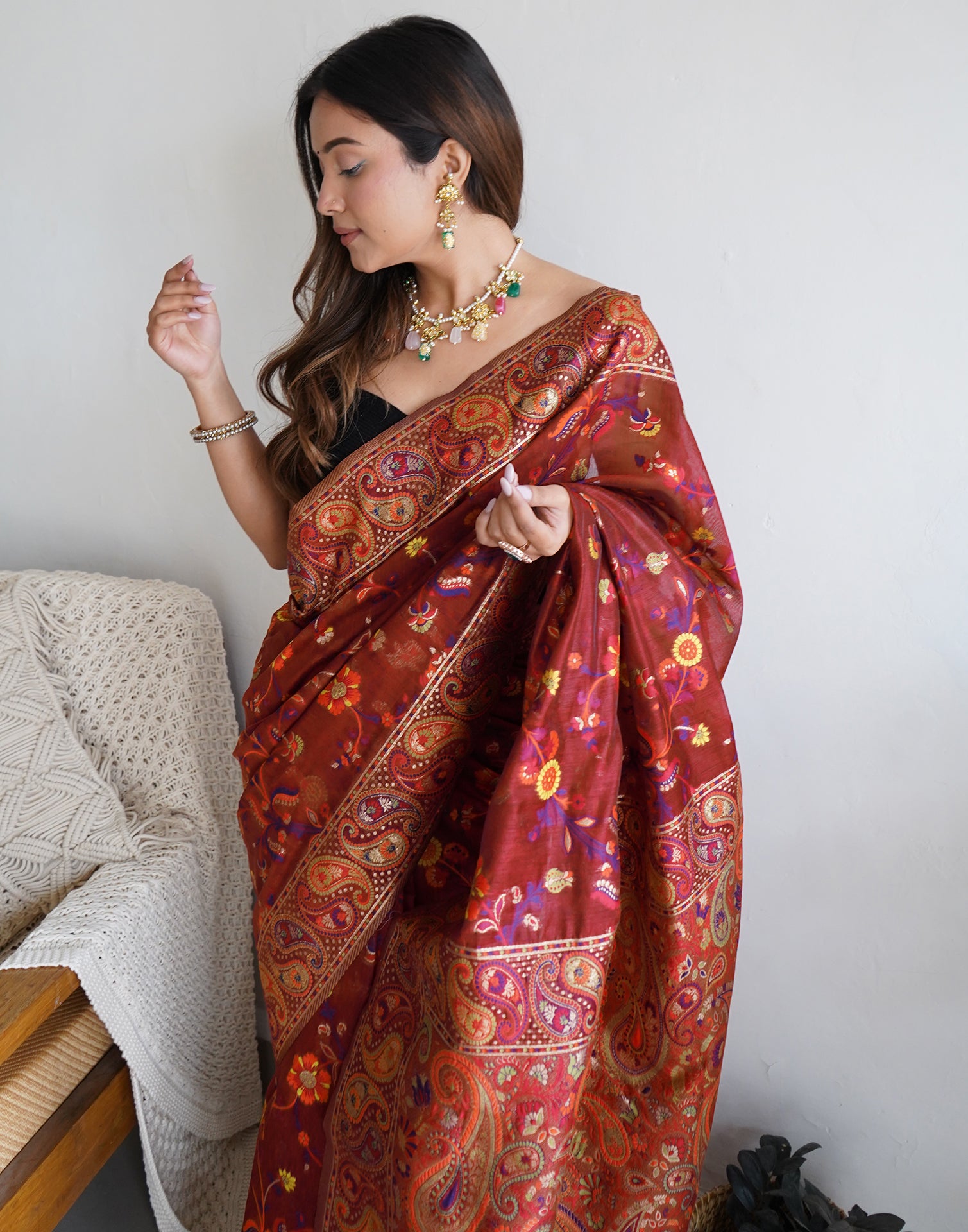 Maroon Cotton Printed Saree