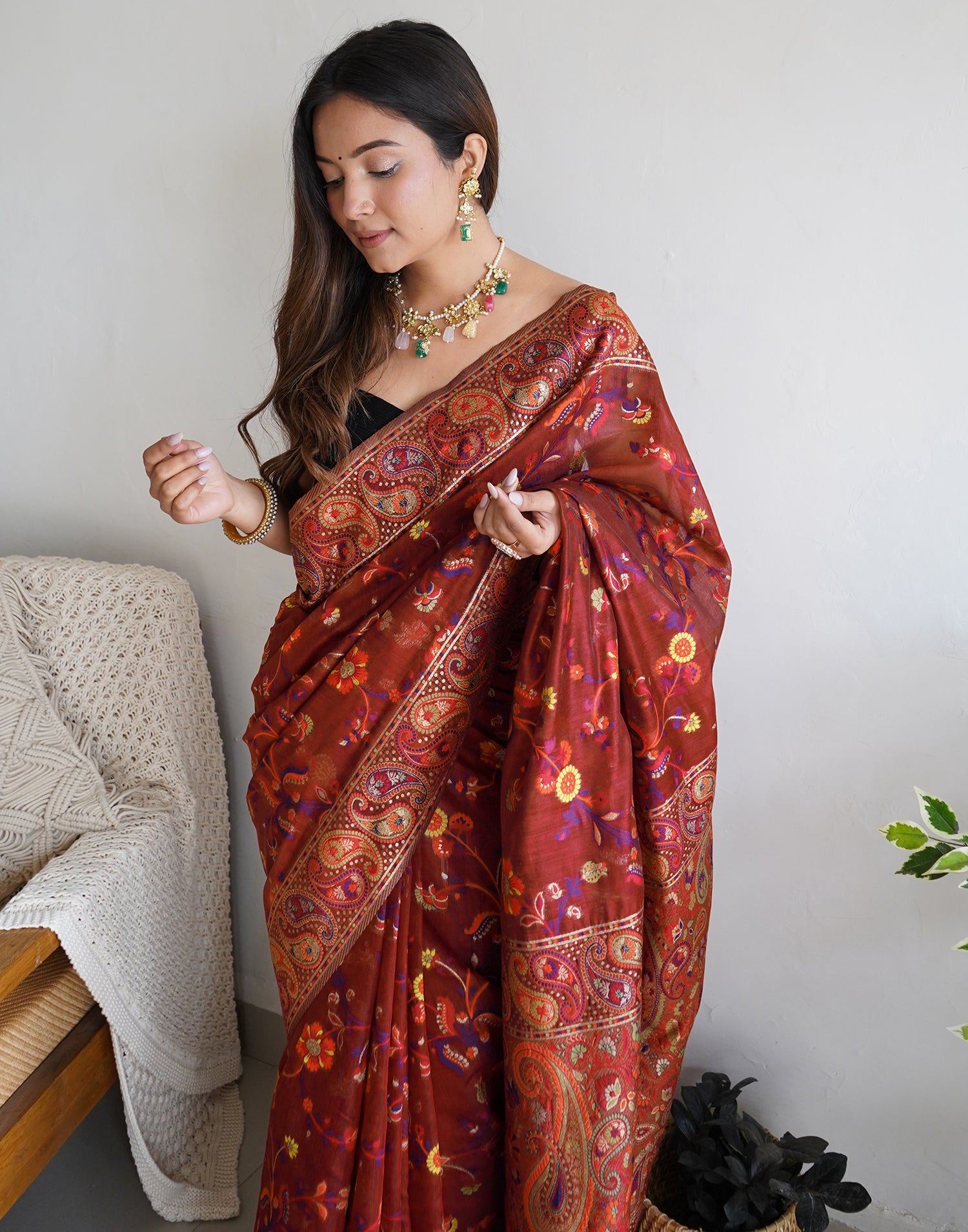 Maroon Cotton Printed Saree