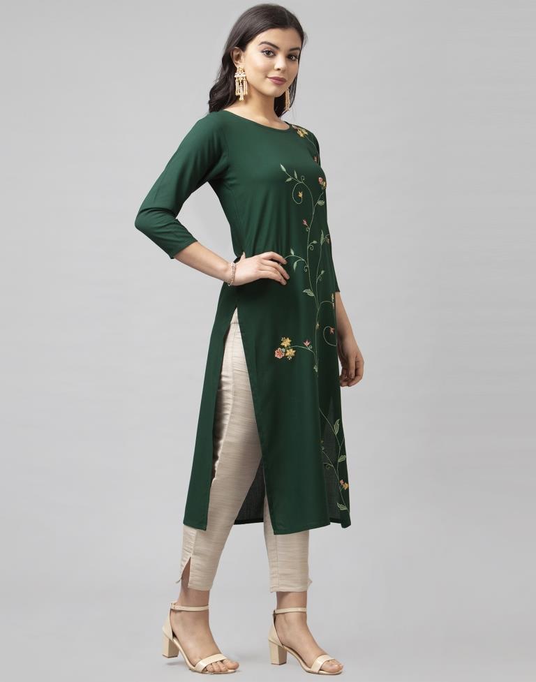 Marvelous Dark Green Coloured Embroidered Rayon Kurti | Sudathi