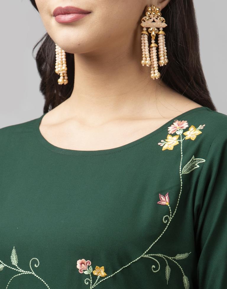 Marvelous Dark Green Coloured Embroidered Rayon Kurti | Sudathi