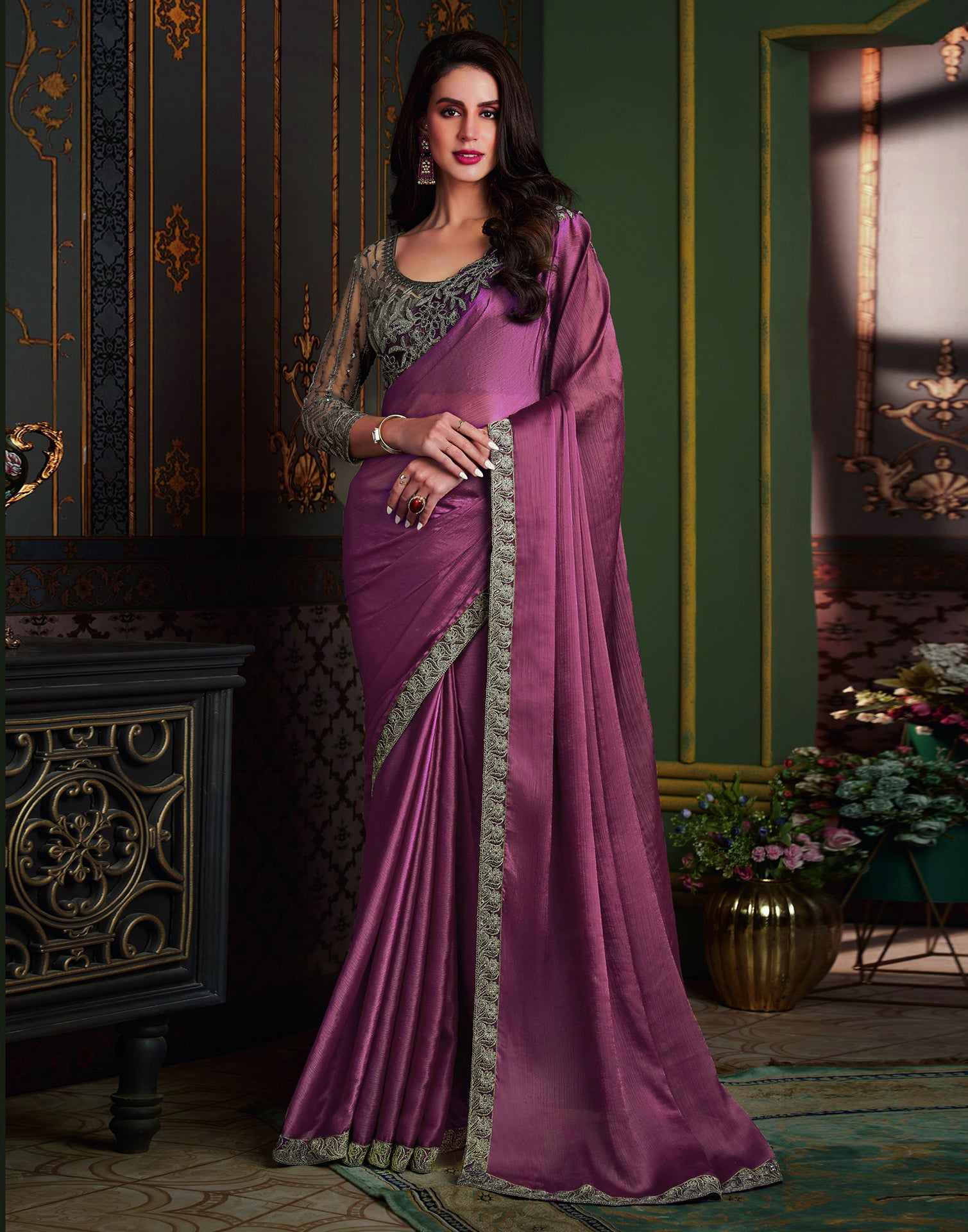 Deep Purple Satin Plain Saree