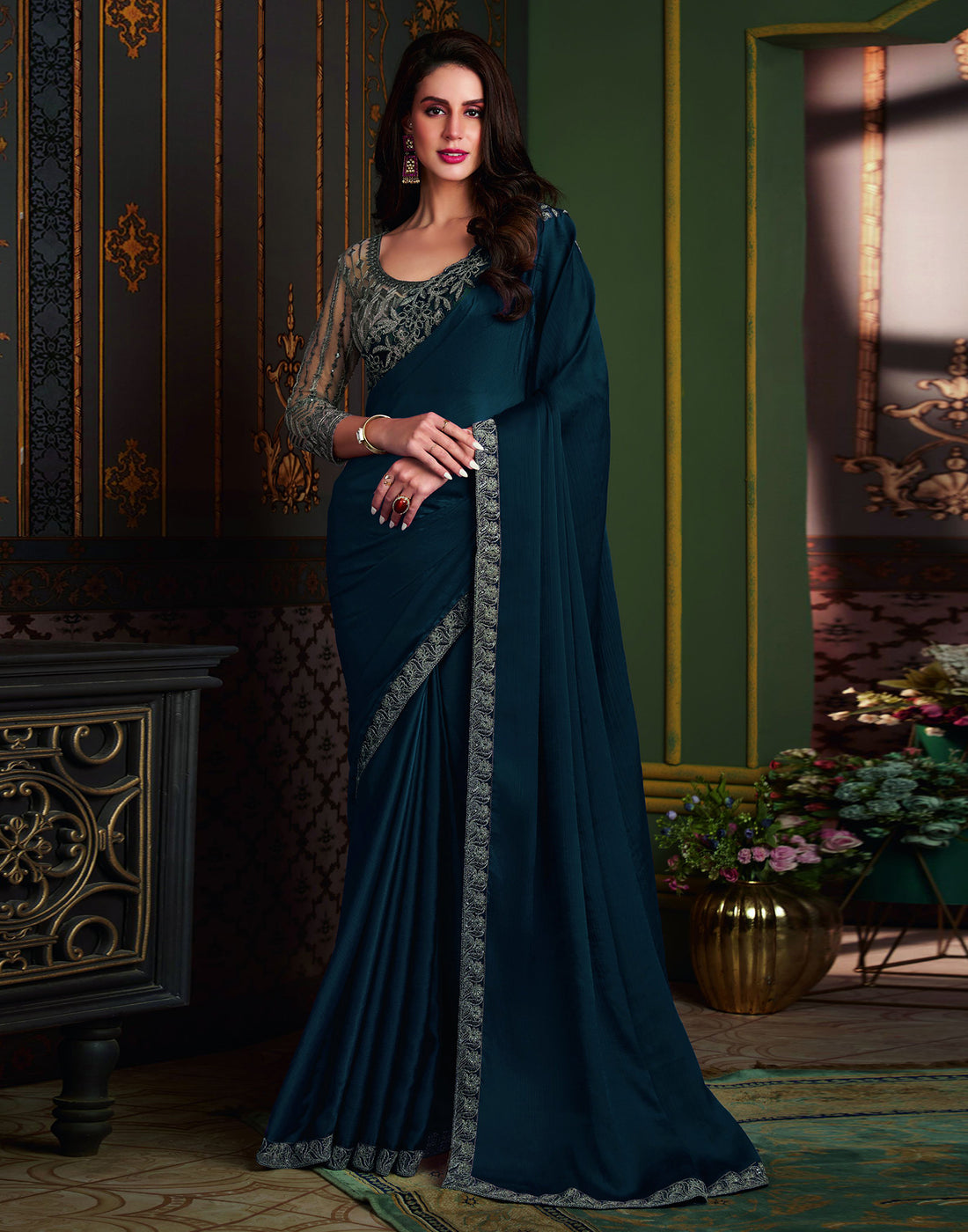 Sea Blue Satin Plain Saree