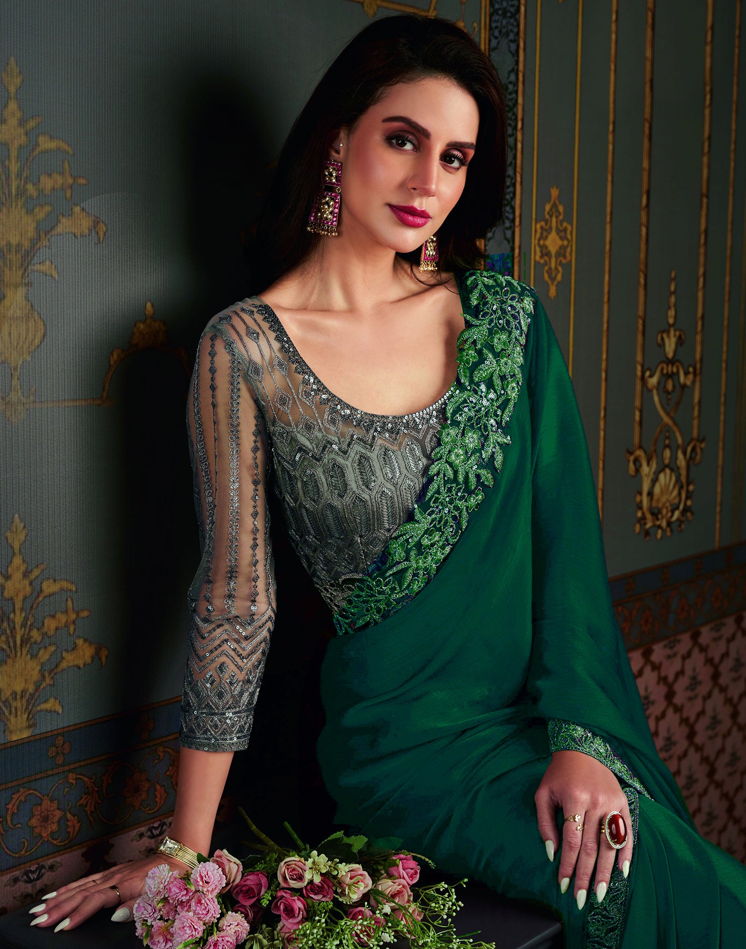 Bottle Green Satin Plain Saree