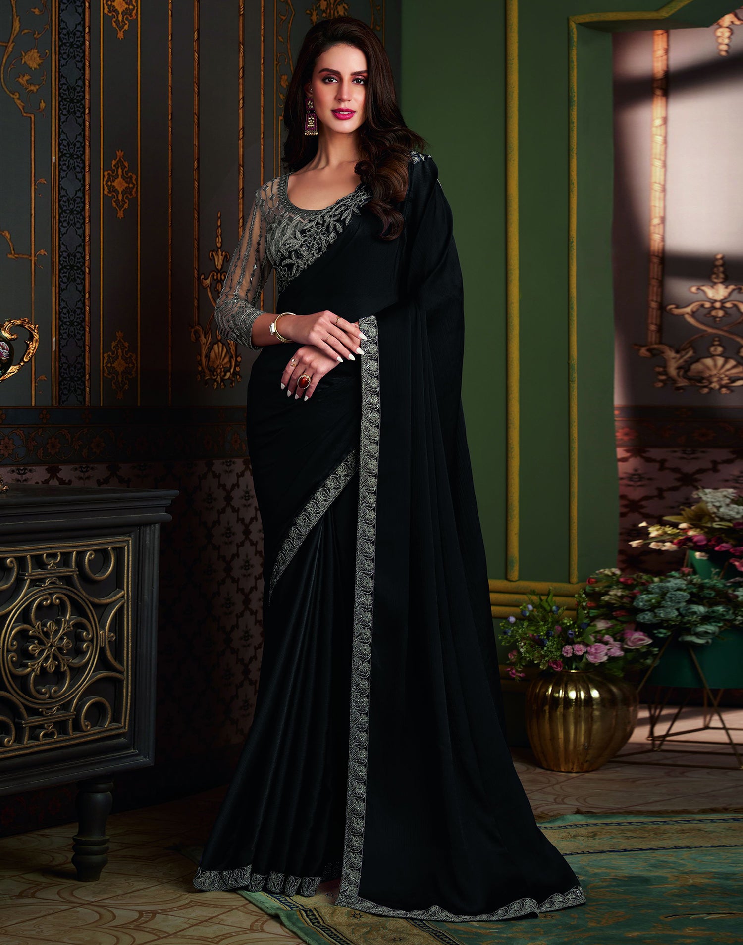 Black Satin Plain Saree