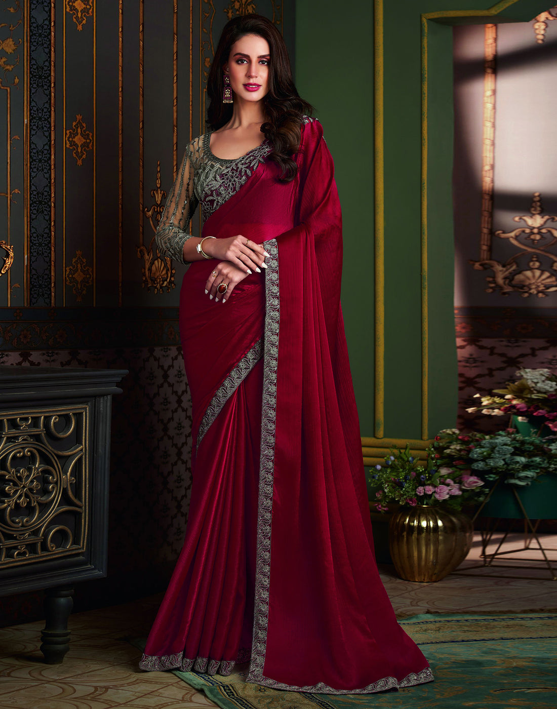 Red Satin Plain Saree