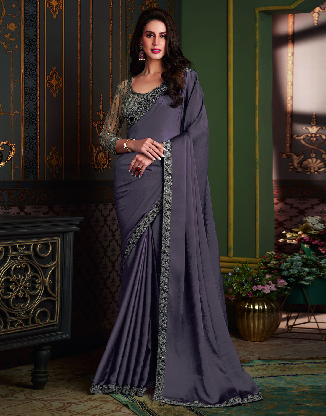 Grey Satin Plain Saree