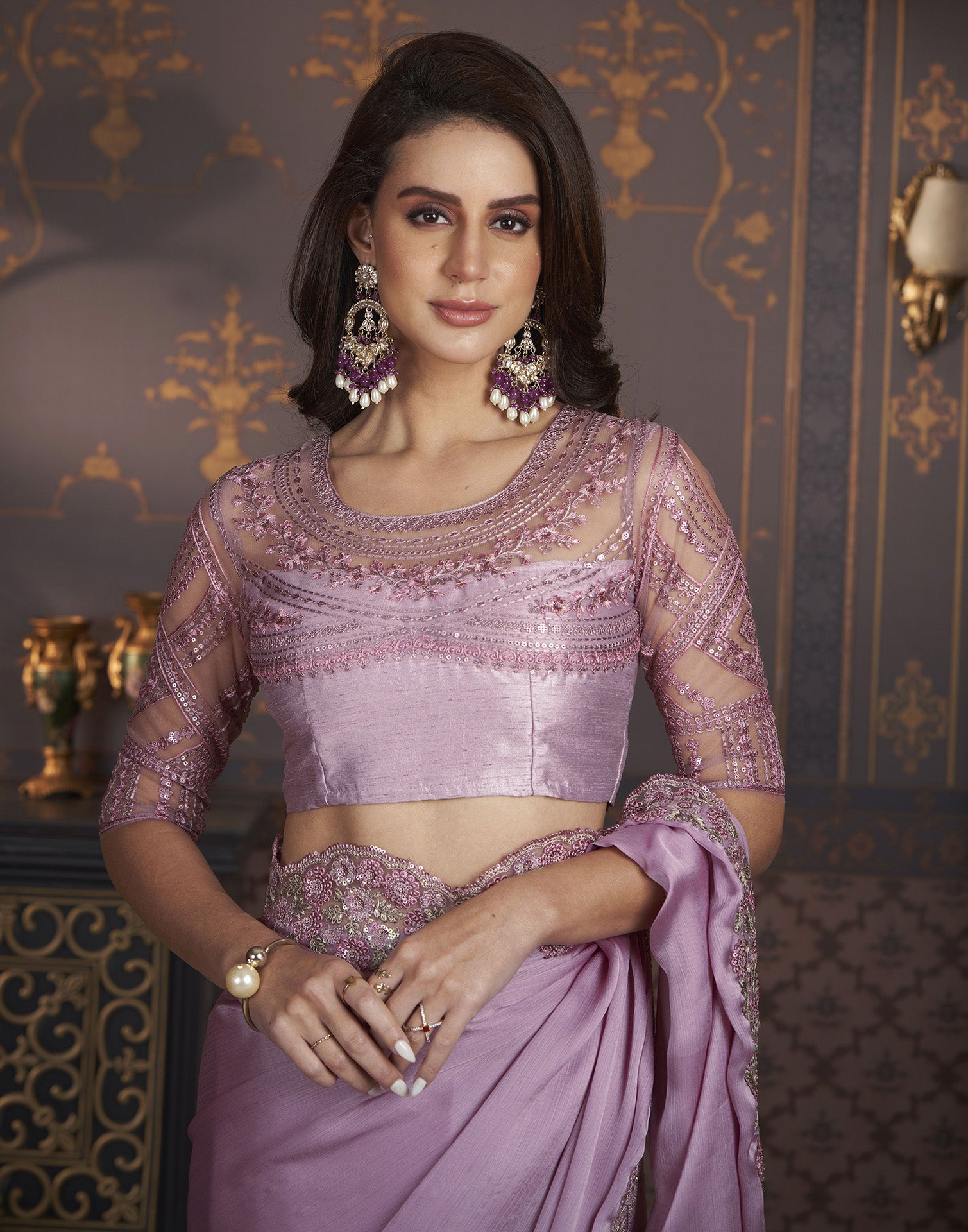 Light Purple Satin Plain Saree