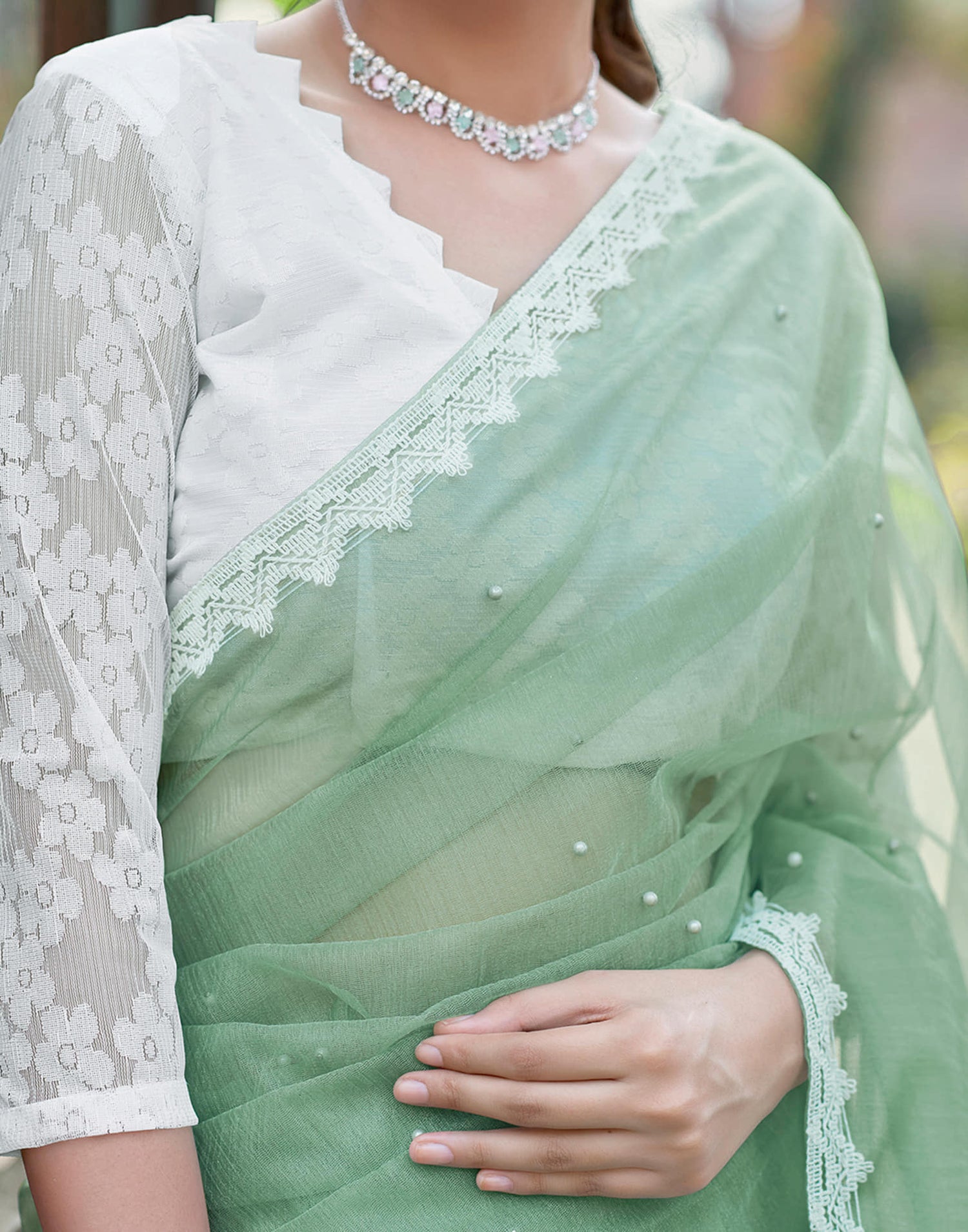 Pista Green Shimmer Dyed Embellished Saree