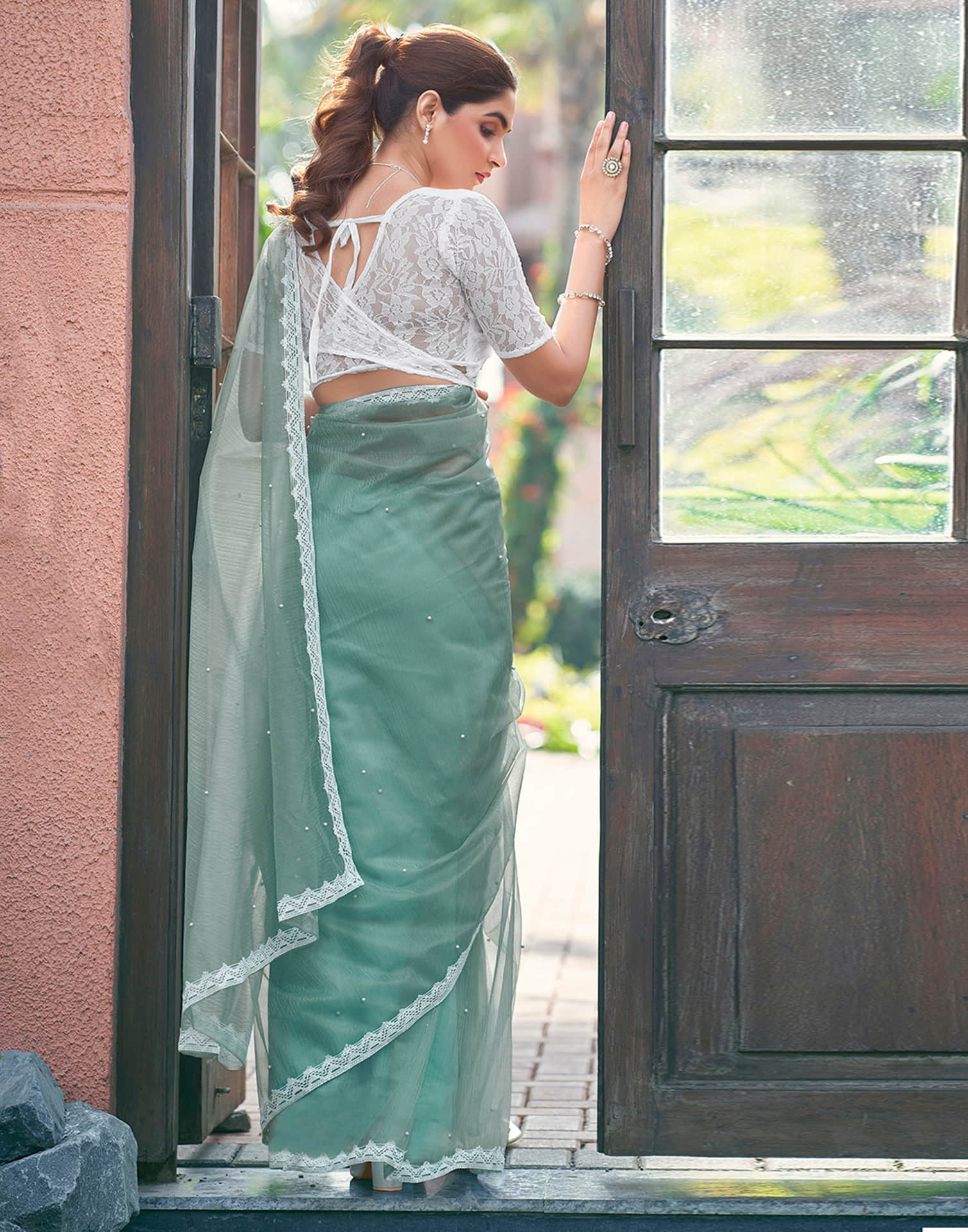 Turquoise Shimmer Dyed Embellished Saree