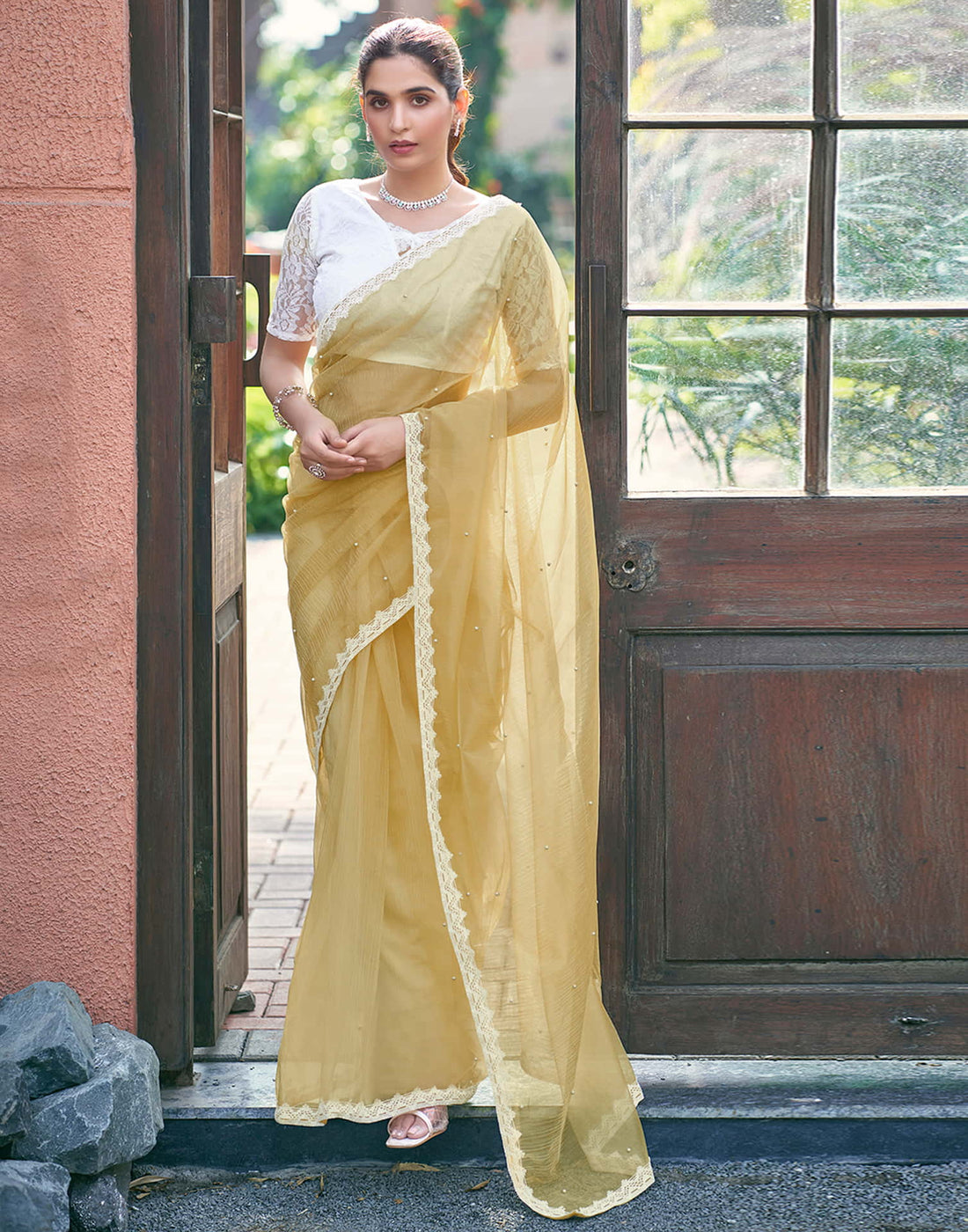 Yellow Shimmer Dyed Embellished Saree