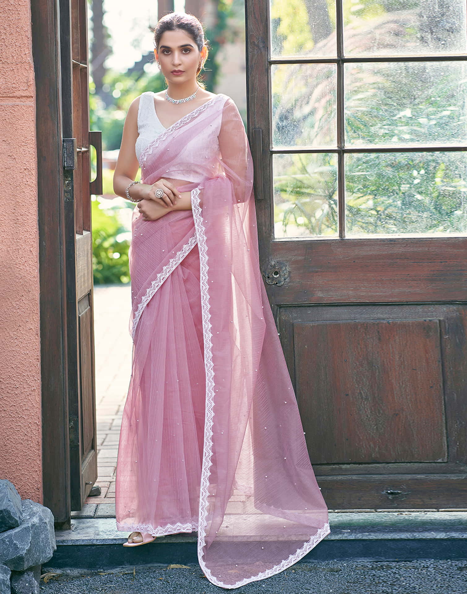 Pink Shimmer Dyed Embellished Saree