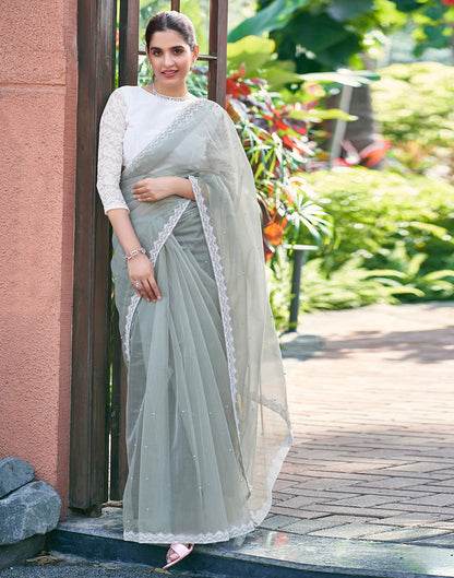 Grey Shimmer Dyed Embellished Saree