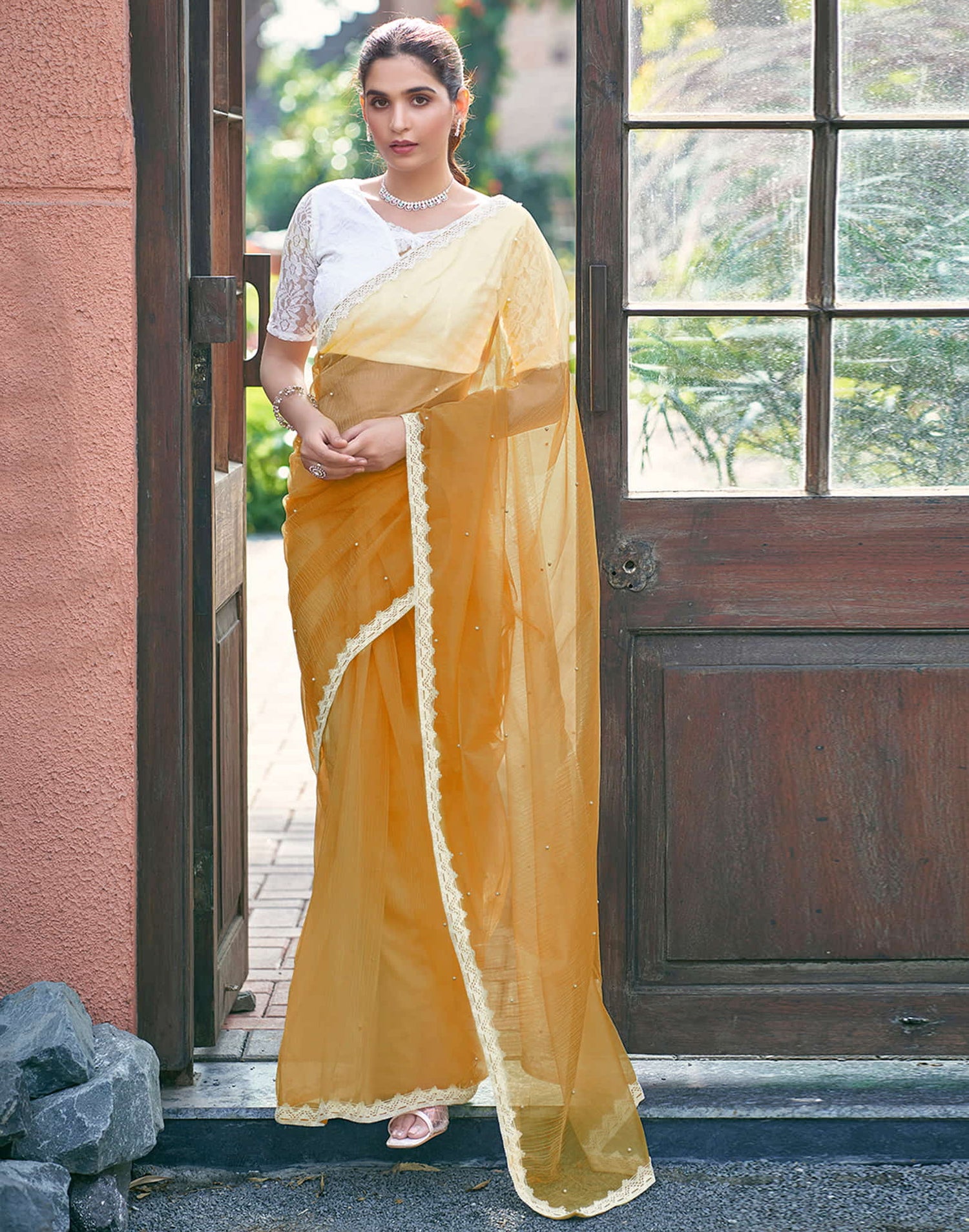 Turmeric Yellow Shimmer Dyed Embellished Saree