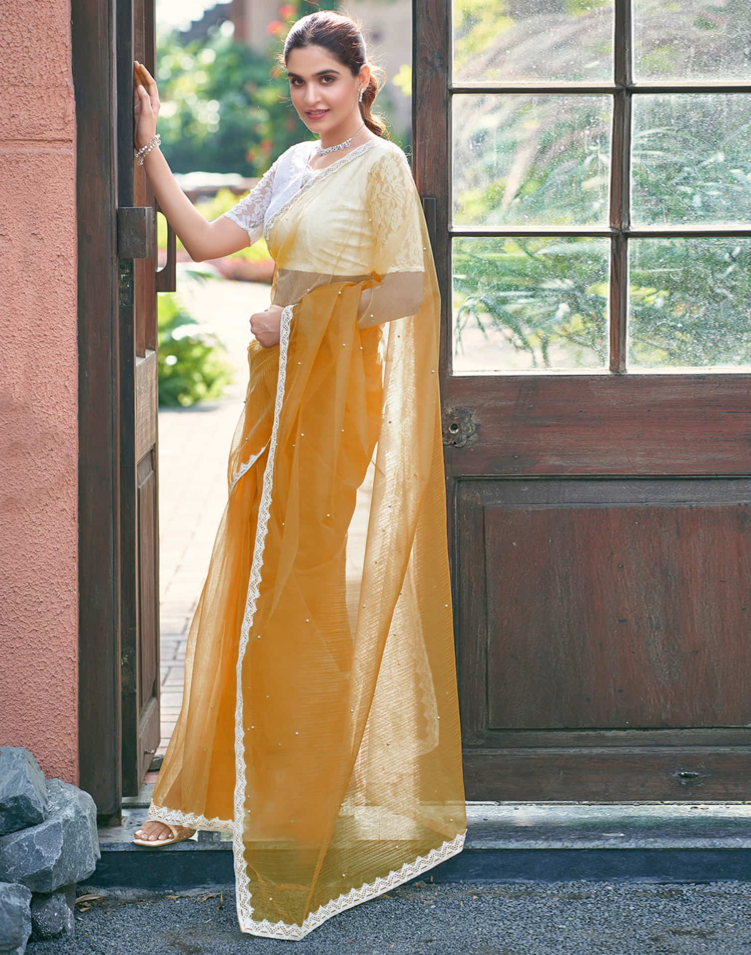 Turmeric Yellow Shimmer Dyed Embellished Saree