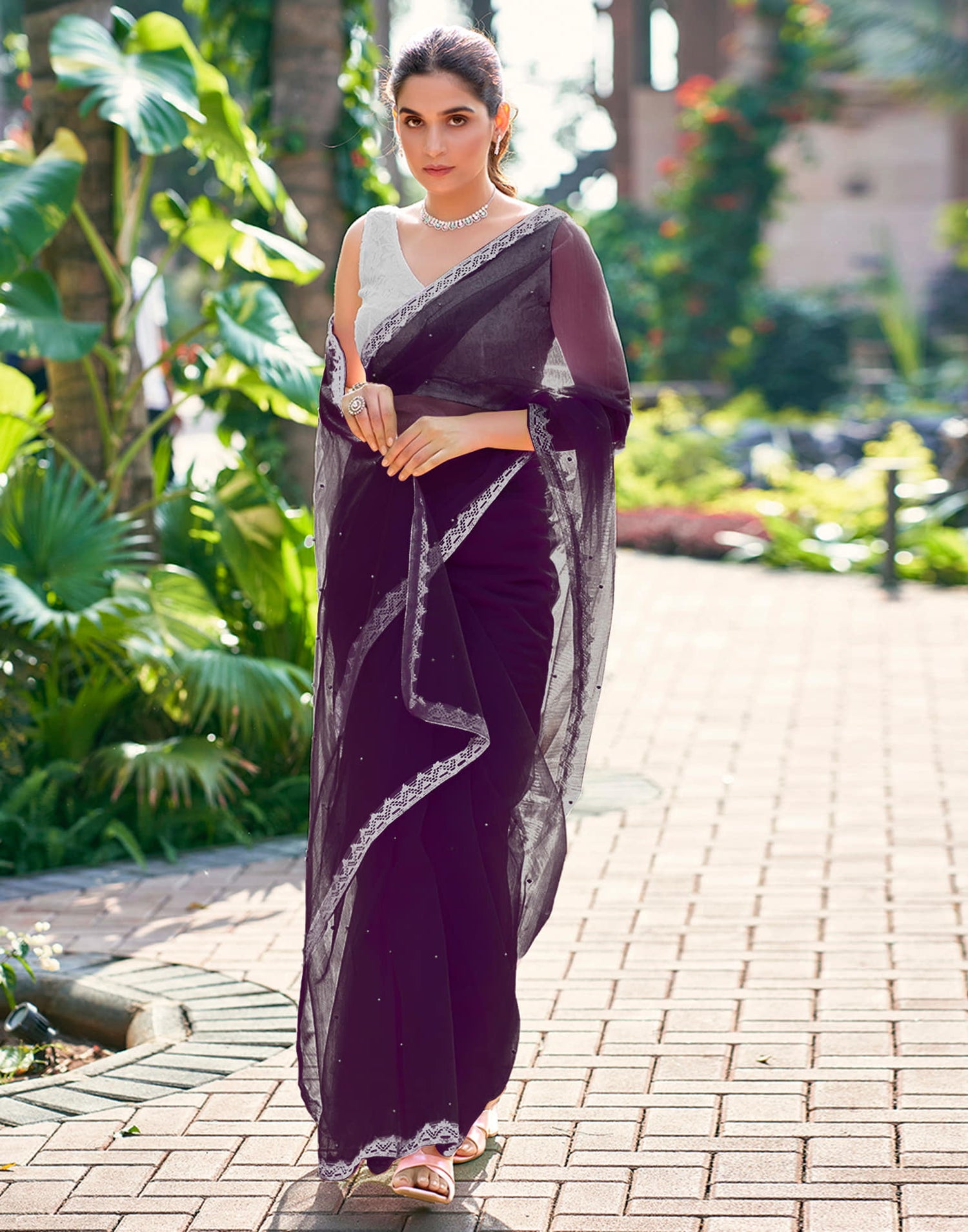 Wine Shimmer Dyed Embellished Saree