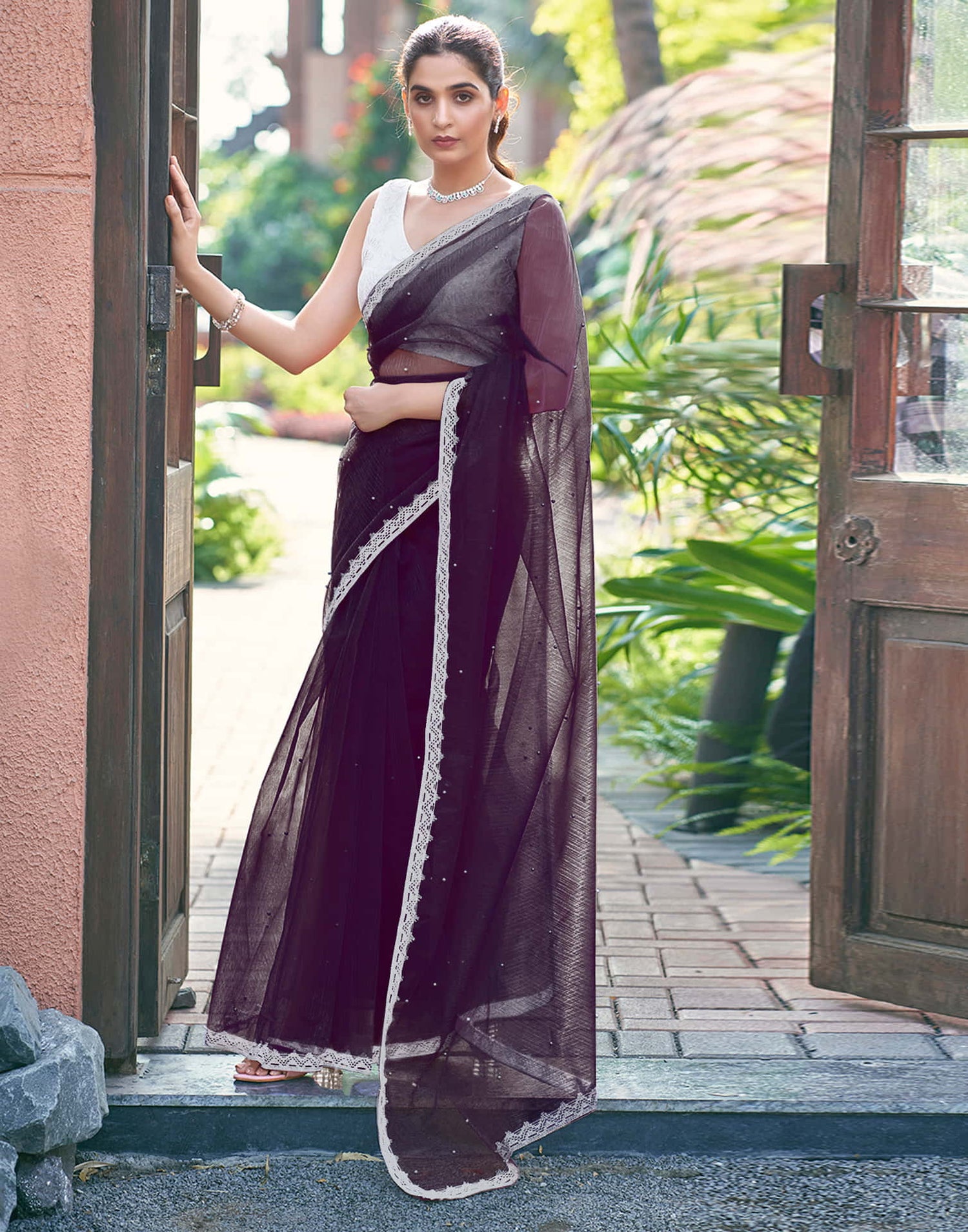 Wine Shimmer Dyed Embellished Saree