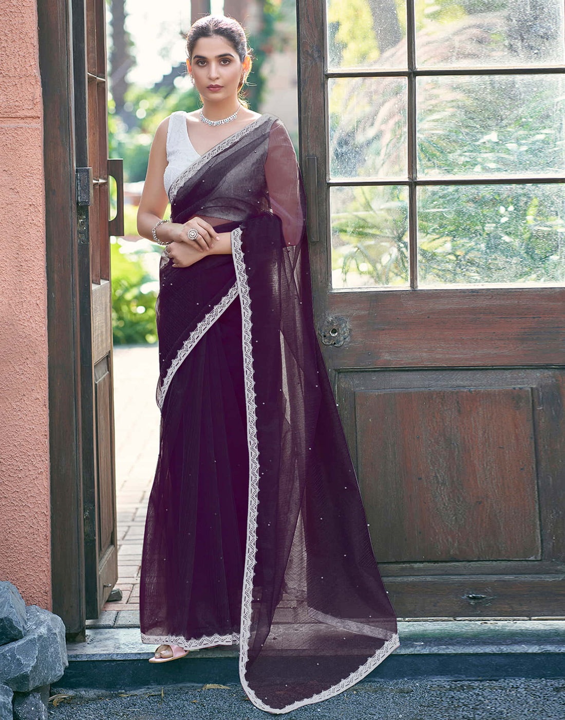 Wine Shimmer Dyed Embellished Saree