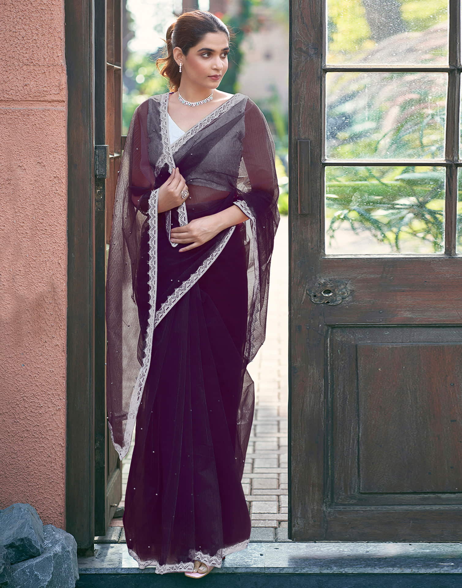 Wine Shimmer Dyed Embellished Saree