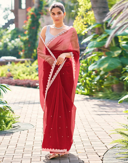 Red Shimmer Dyed Embellished Saree