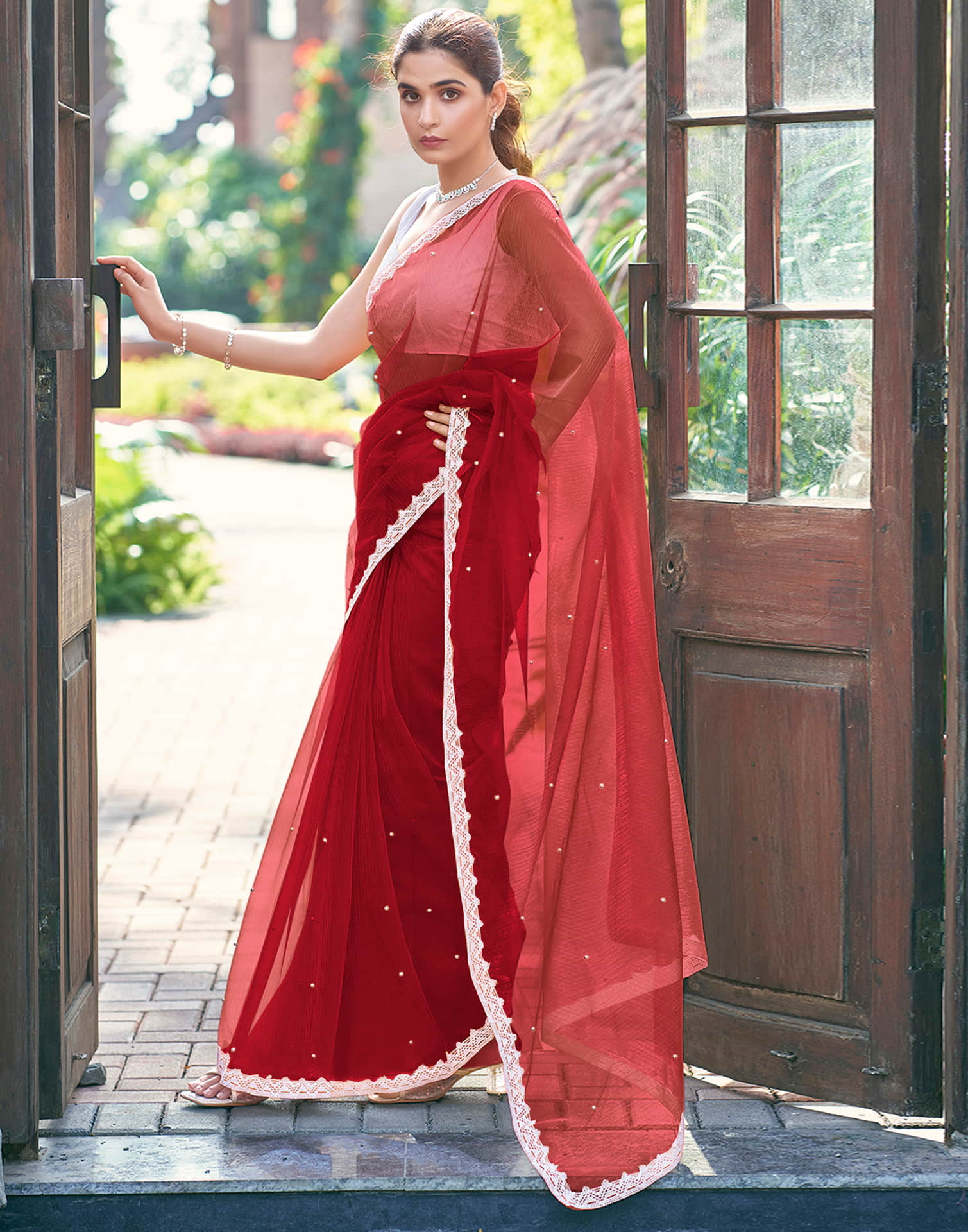 Red Shimmer Dyed Embellished Saree