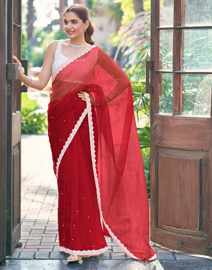 Red Shimmer Dyed Embellished Saree