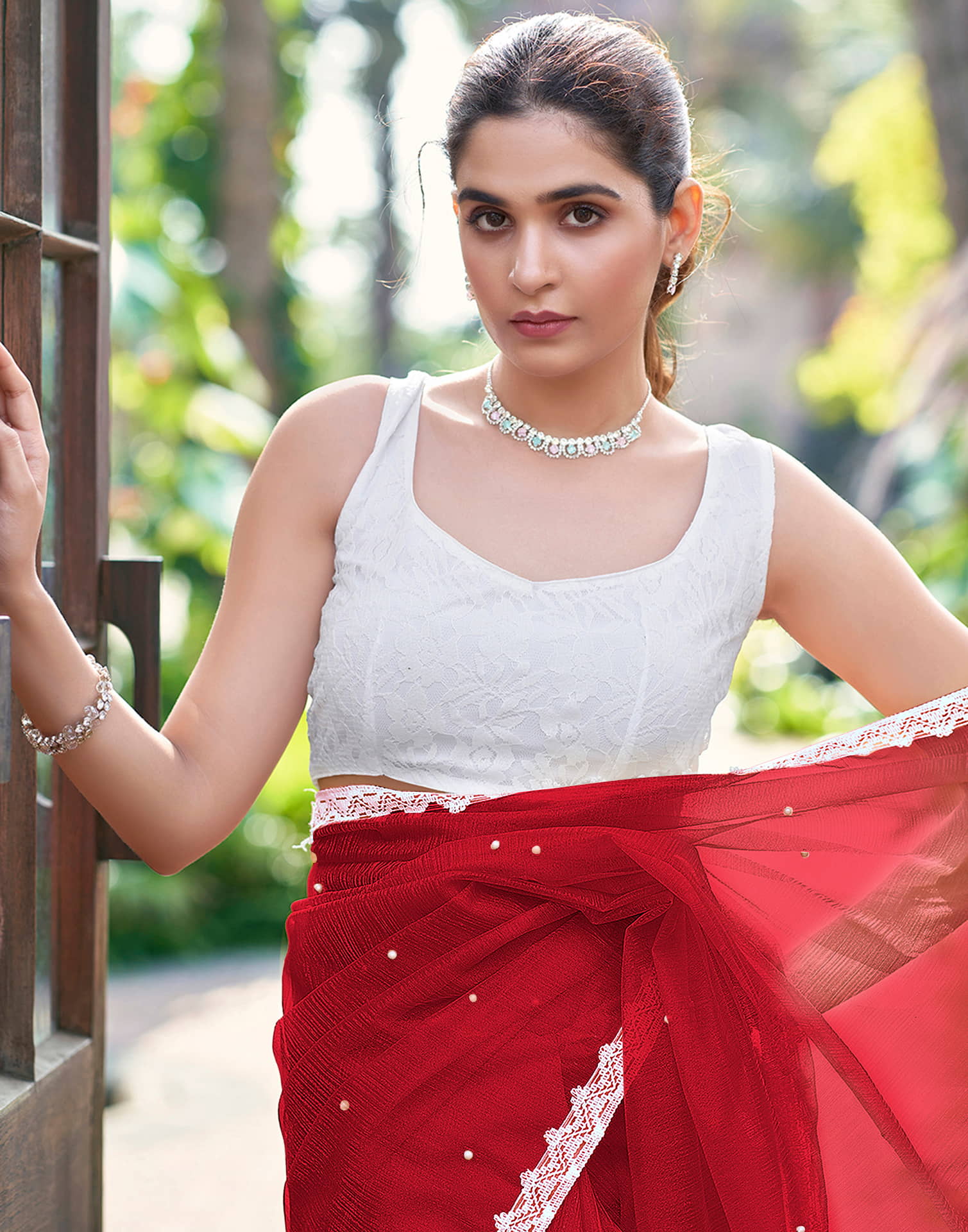 Red Shimmer Dyed Embellished Saree