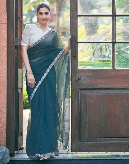 Rama Blue Shimmer Dyed Embellished Saree