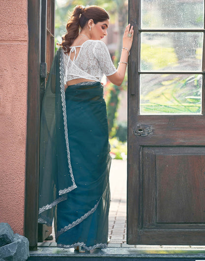 Rama Blue Shimmer Dyed Embellished Saree