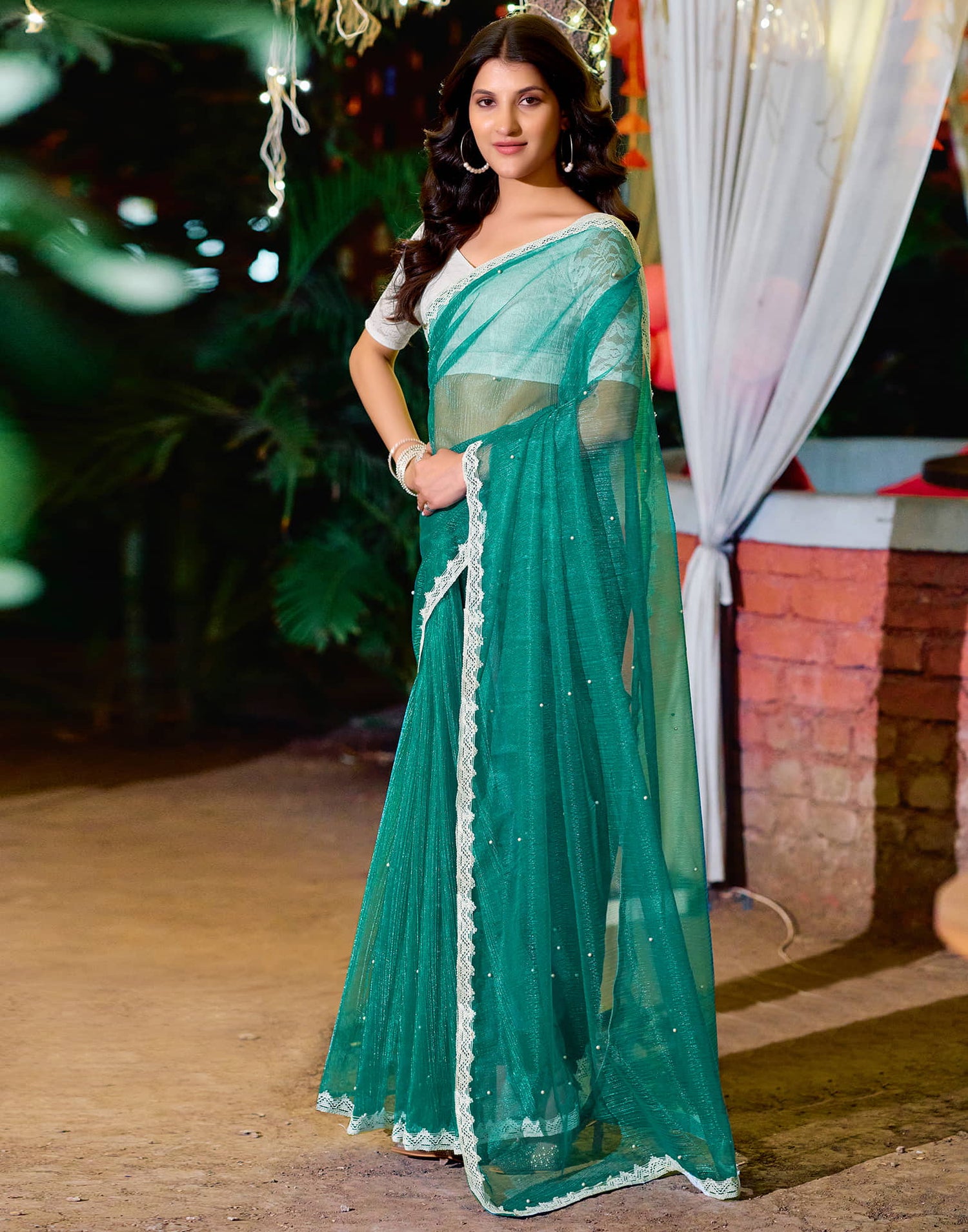 Teal Green Shimmer Dyed emebellished Saree