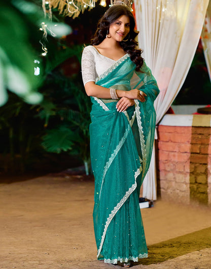 Teal Green Shimmer Dyed emebellished Saree