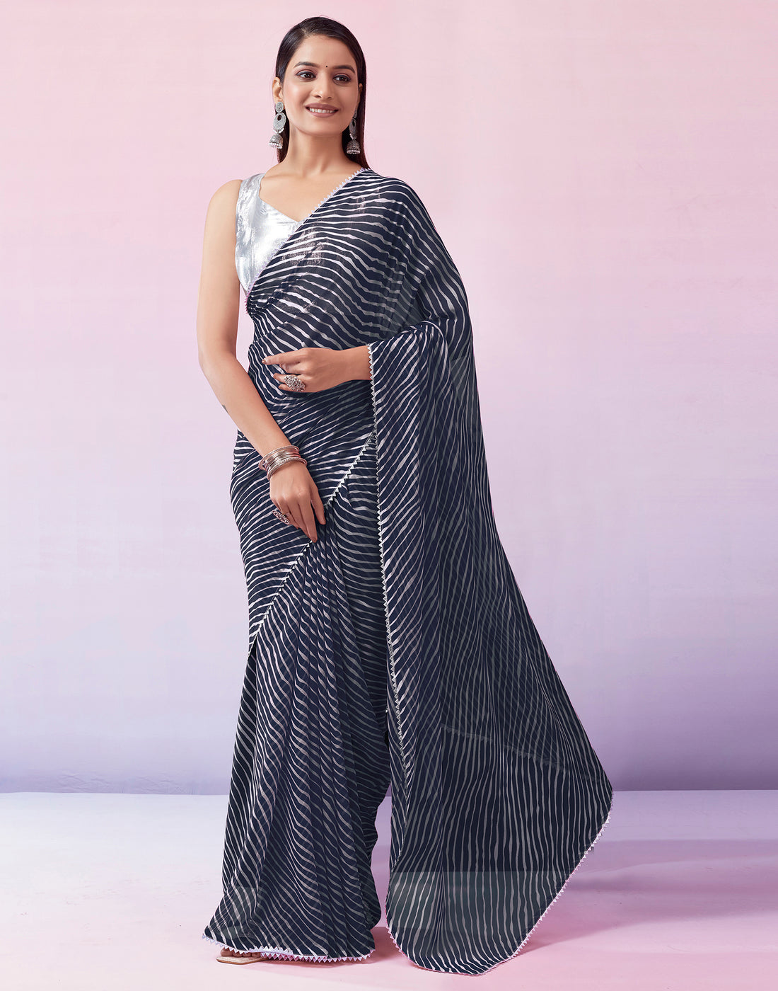 Navy Blue Georgette Printed Saree