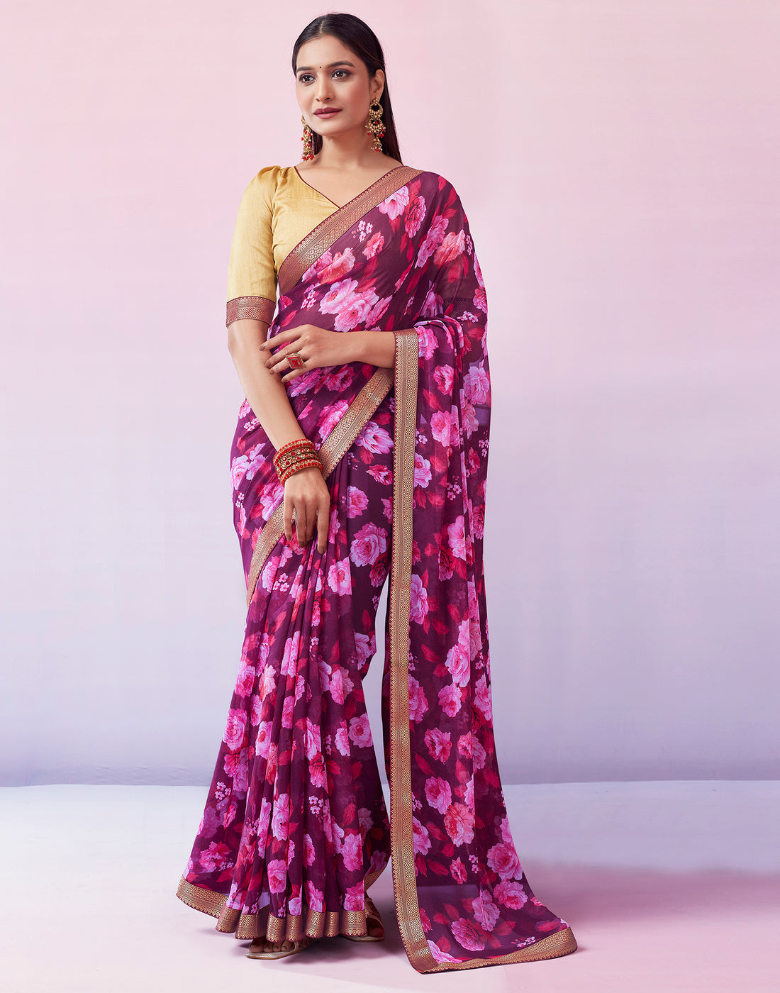 Deep Purple Georgette Printed Saree