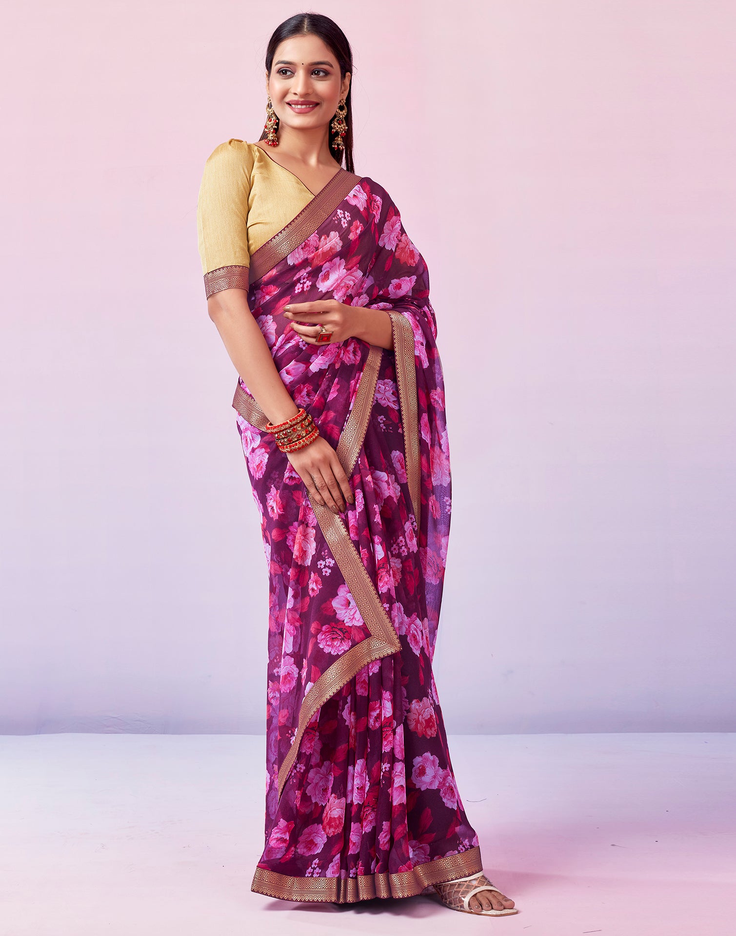 Deep Purple Georgette Printed Saree