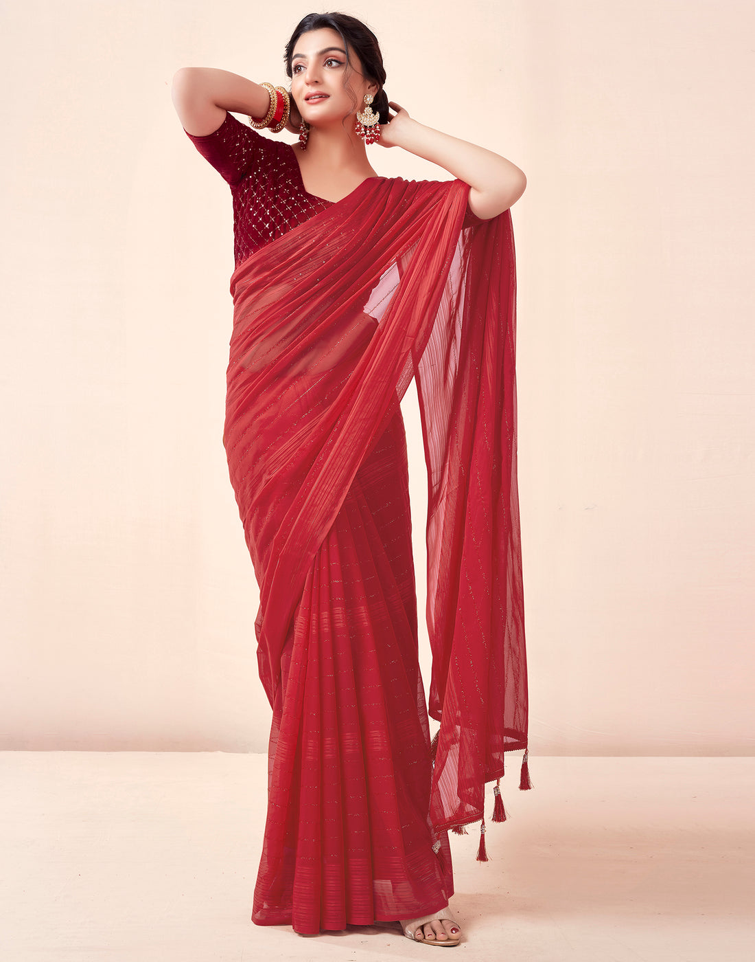 Red Georgette Plain Saree