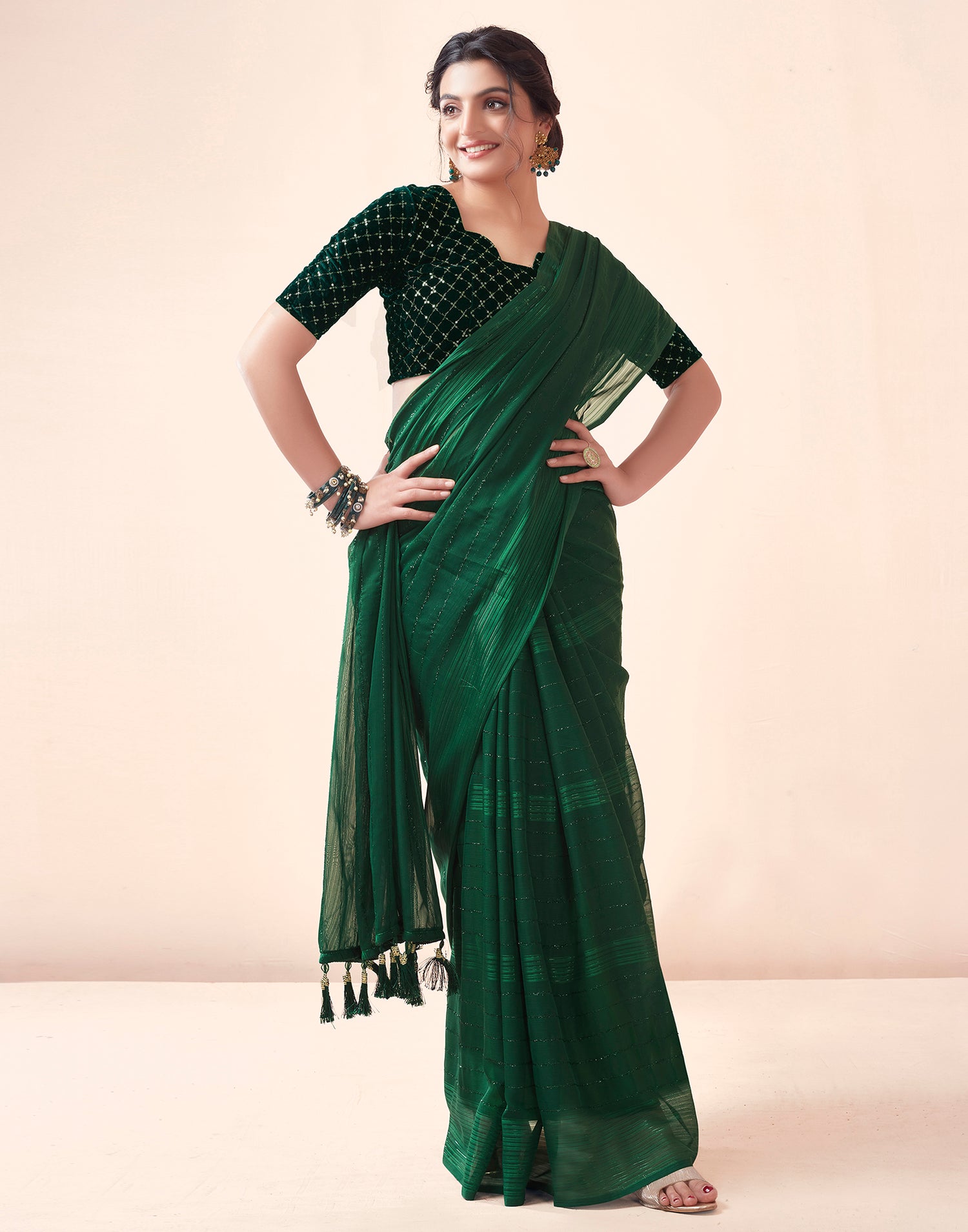 Bottle Green Georgette Plain Saree