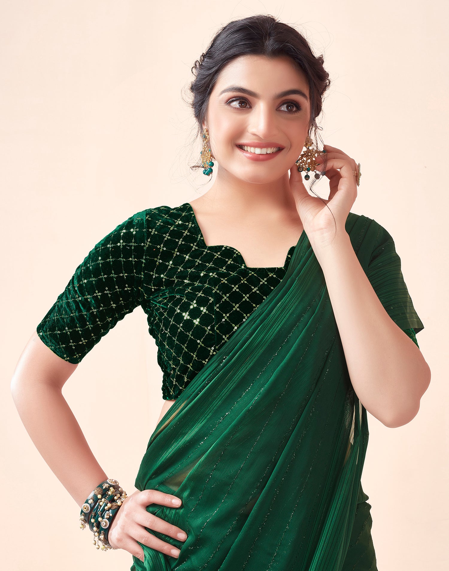 Bottle Green Georgette Plain Saree