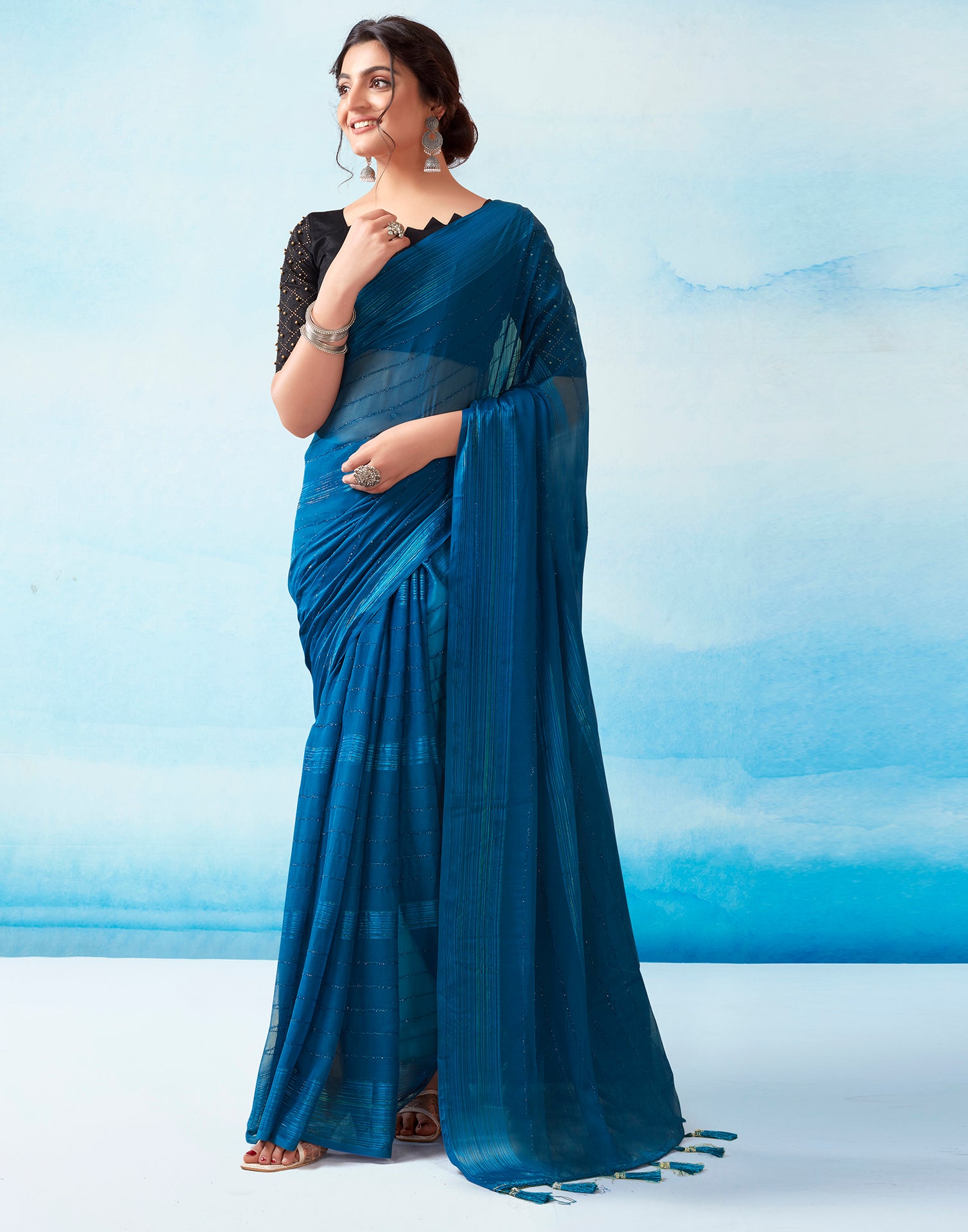 Sea Blue Georgette Plain Saree