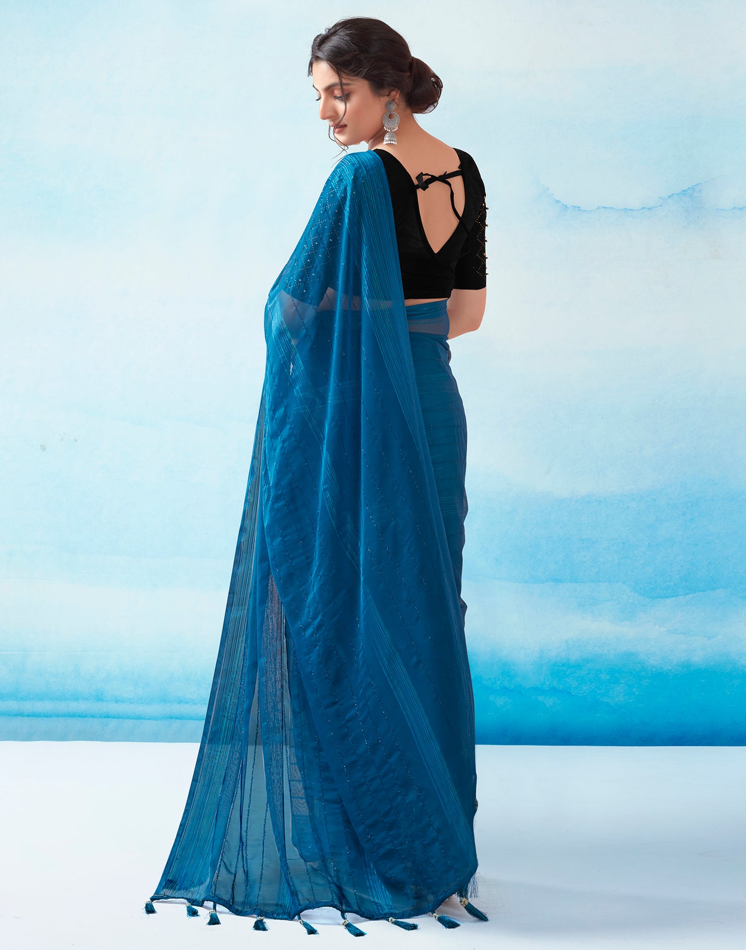 Sea Blue Georgette Plain Saree