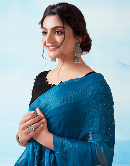 Sea Blue Georgette Plain Saree