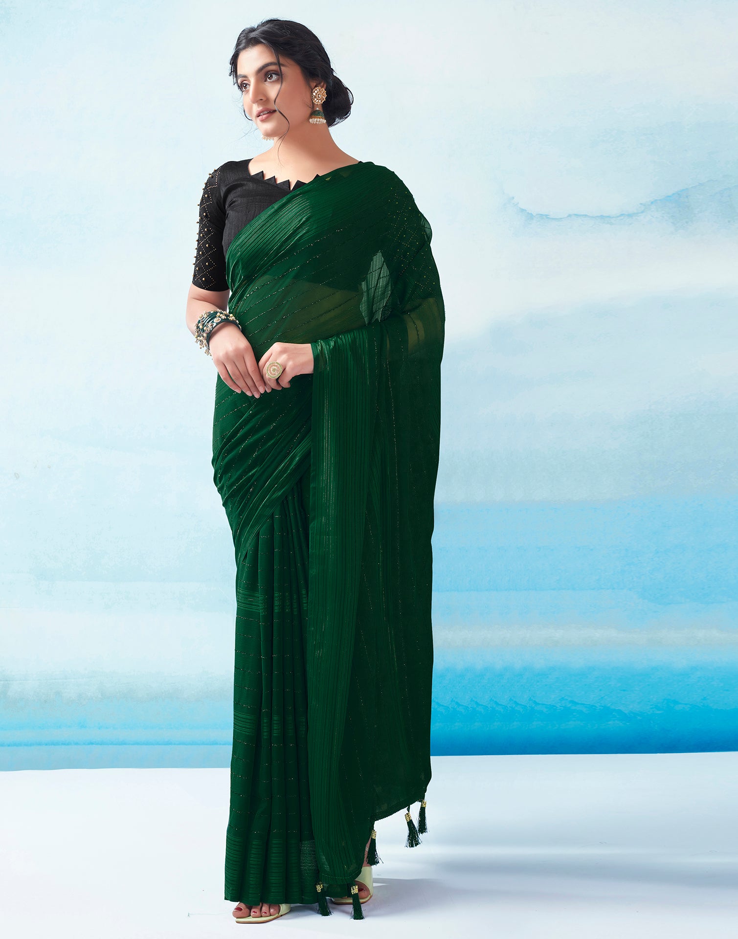 Dark Green Georgette Plain Saree